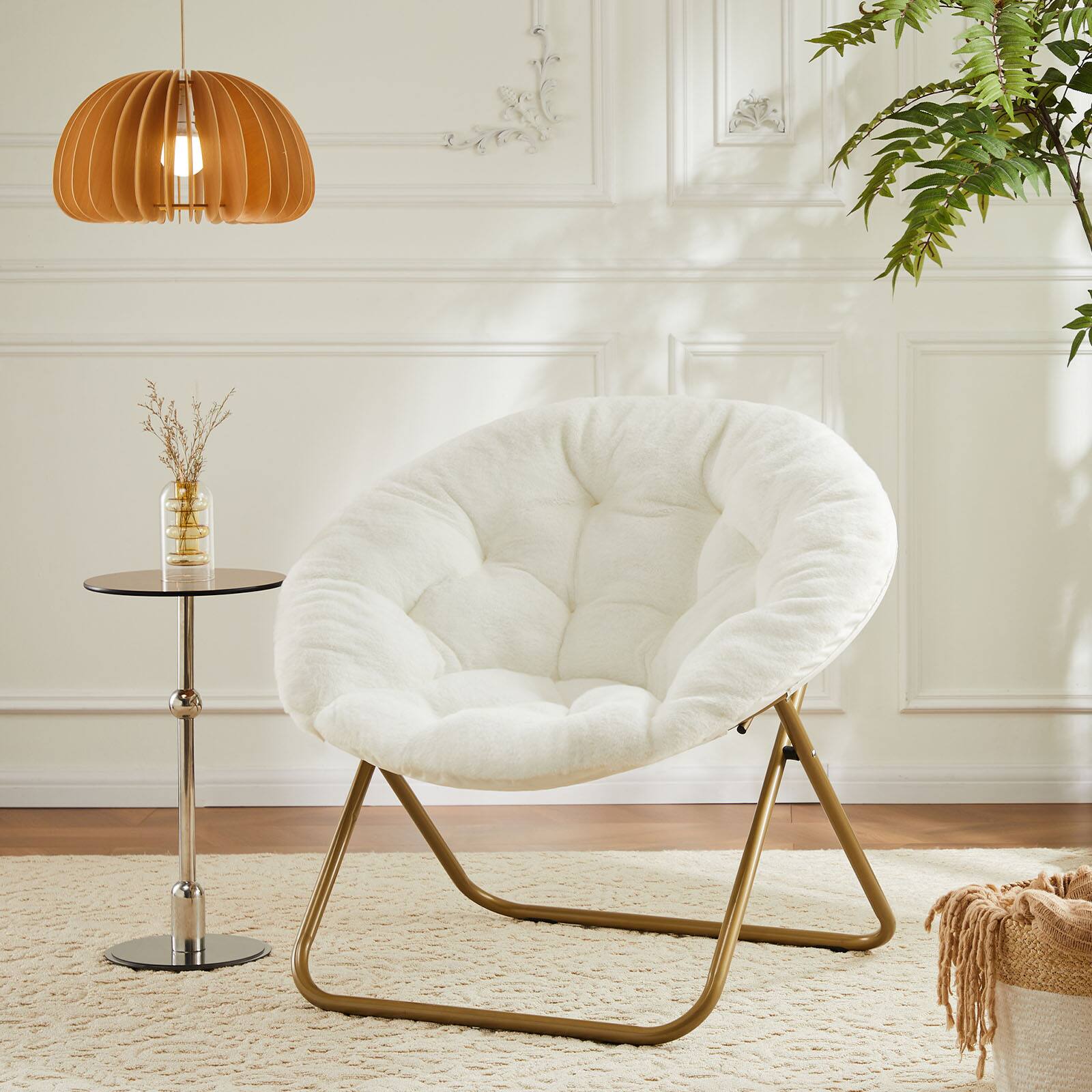 Front. AENKYO - Cozy Saucer Chairs Faux Fur Reading Lounge Furniture Folding Comfy with Soft Thick Padded - White.