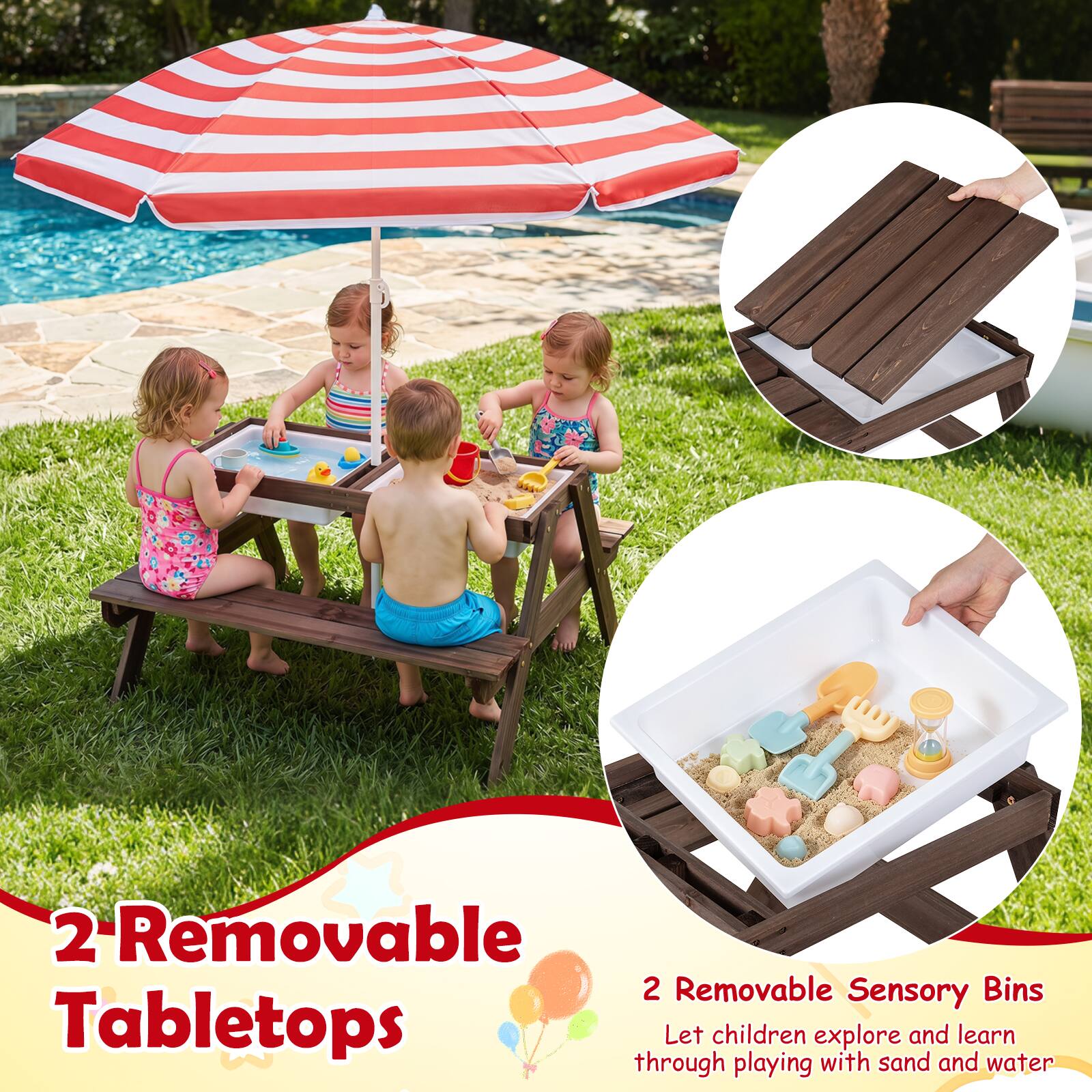 2-Removable Tabletops

2 Removable Sensory Bins
Let children explore and learn through playing with sand and water