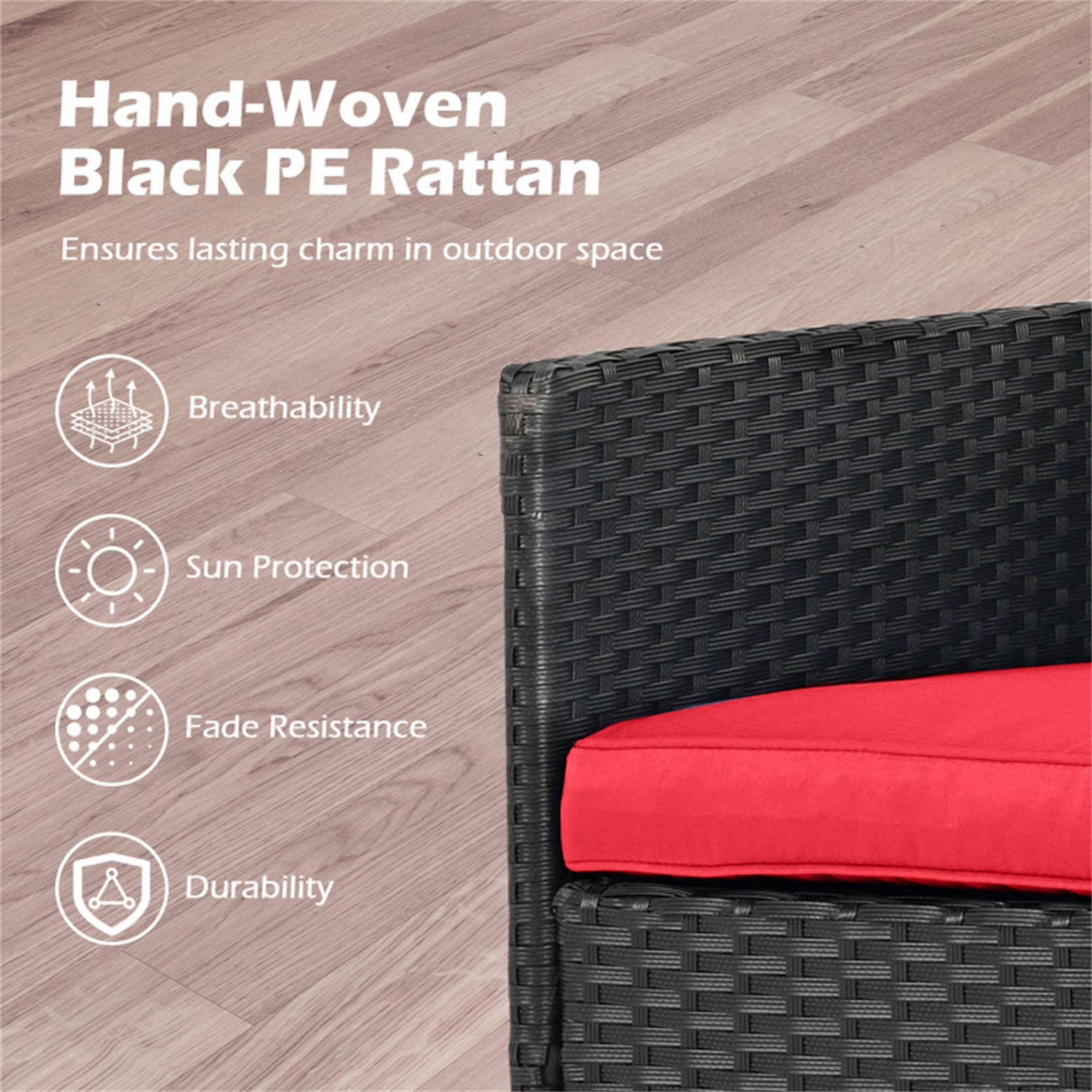 Hand-Woven Black PE Rattan  
Ensures lasting charm in outdoor space

- Breathability
- Sun Protection
- Fade Resistance
- Durability