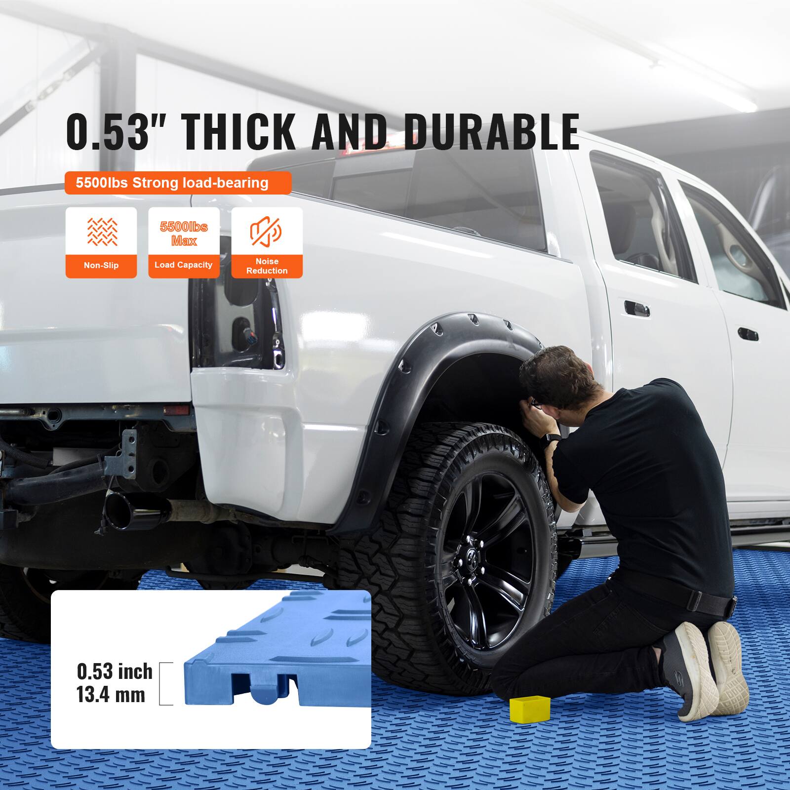0.53" THICK AND DURABLE

5500lbs Strong load-bearing

- Non-Slip
- 5500lbs Max Load Capacity
- Noise Reduction

0.53 inch
13.4 mm