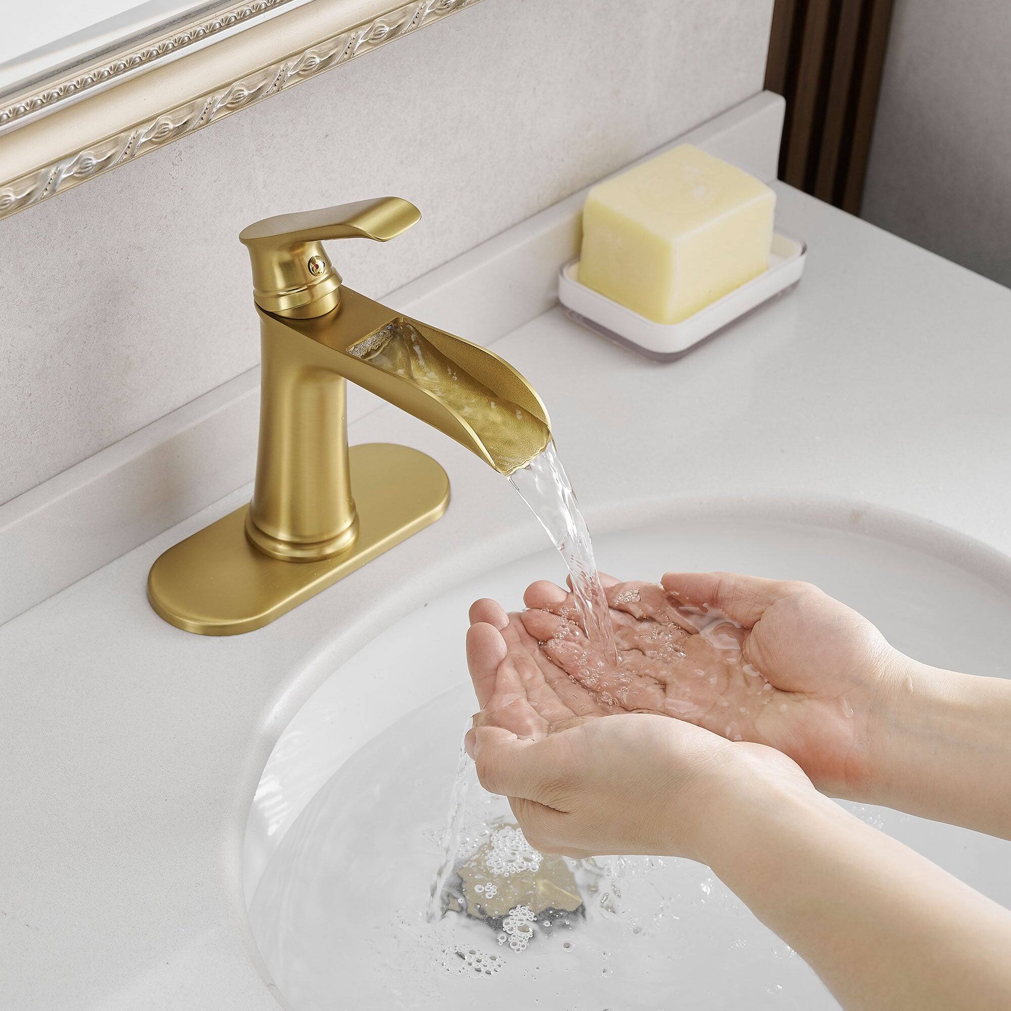 Alt View 5. Boyel Living - Single Handle Single Hole Bathroom Faucet Brushed Gold with Deck Plate Pop Up Drain and Water Supply Hoses - Brushed Gold.