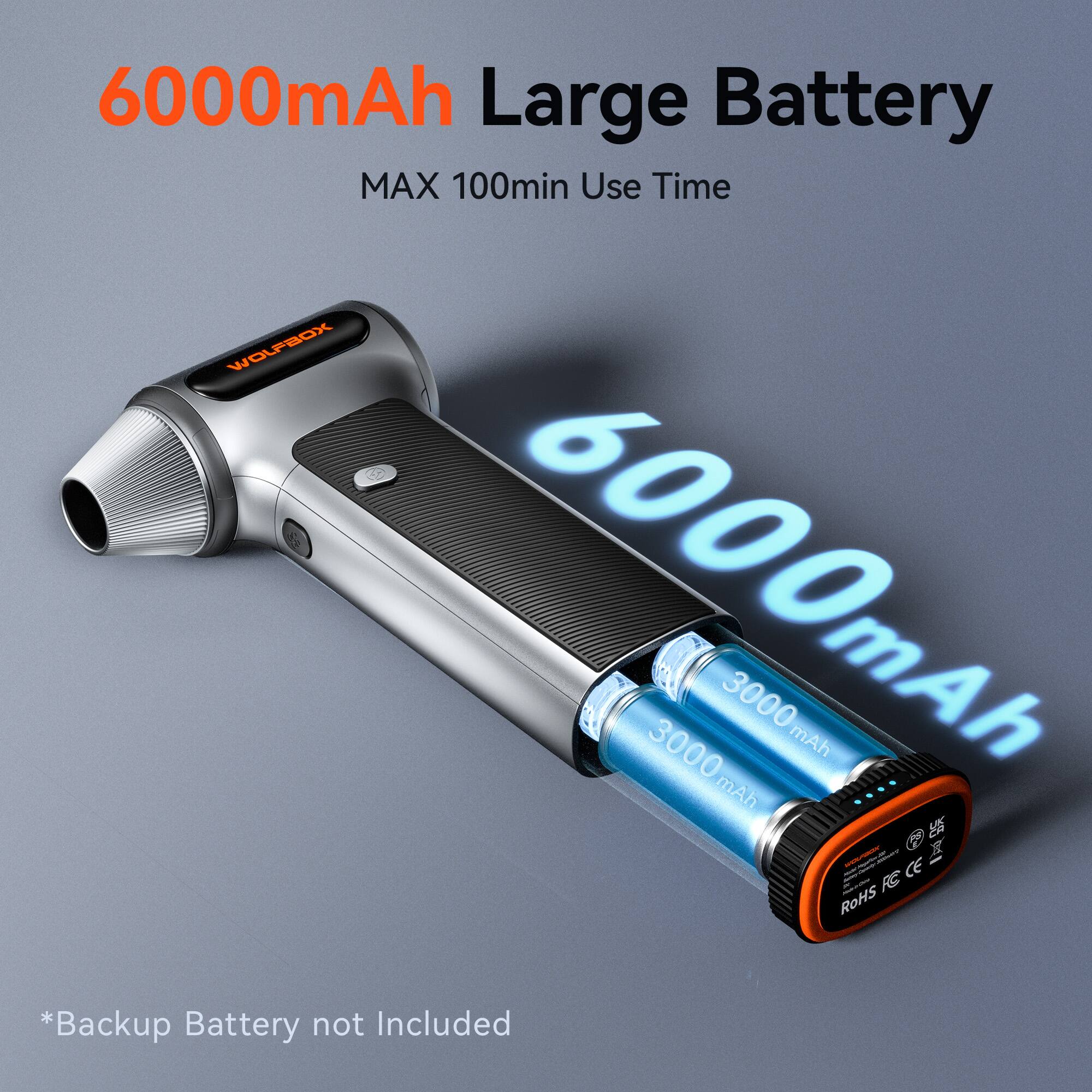 6000mAh Large Battery  
MAX 100min Use Time  

WOLFBOX 6000mAh  

3000 mAh  
3000 mAh  

*Backup Battery not Included  

C E  
ROHS  
RC  
ROHS
