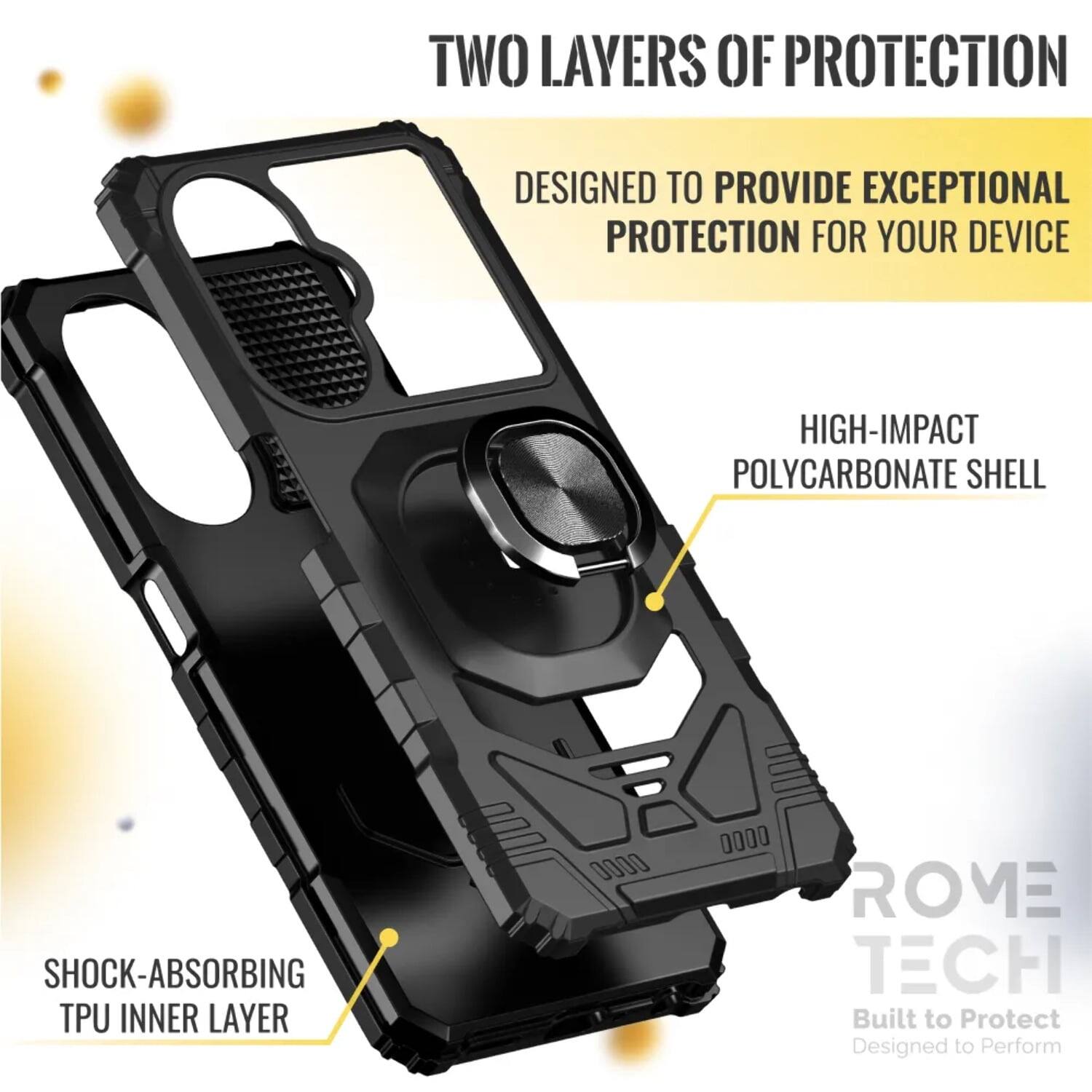 TWO LAYERS OF PROTECTION  
DESIGNED TO PROVIDE EXCEPTIONAL PROTECTION FOR YOUR DEVICE  

HIGH-IMPACT POLYCARBONATE SHELL  
SHOCK-ABSORBING TPU INNER LAYER  

ROVE TECH  
Built to Protect  
Designed to Perform