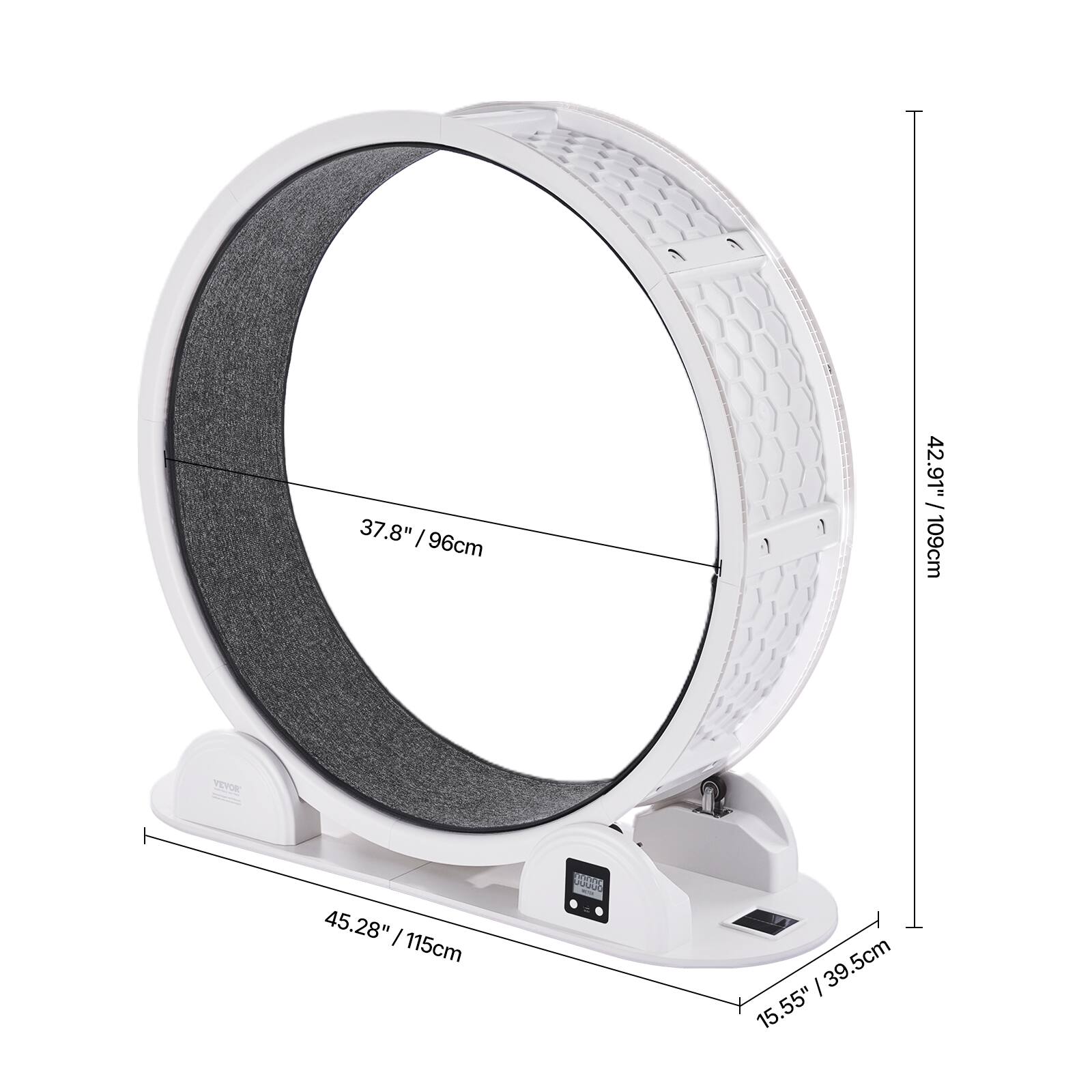 - Diameter: 37.8" / 96cm
- Height: 42.91" / 109cm
- Width: 45.28" / 115cm
- Depth: 15.55" / 39.5cm