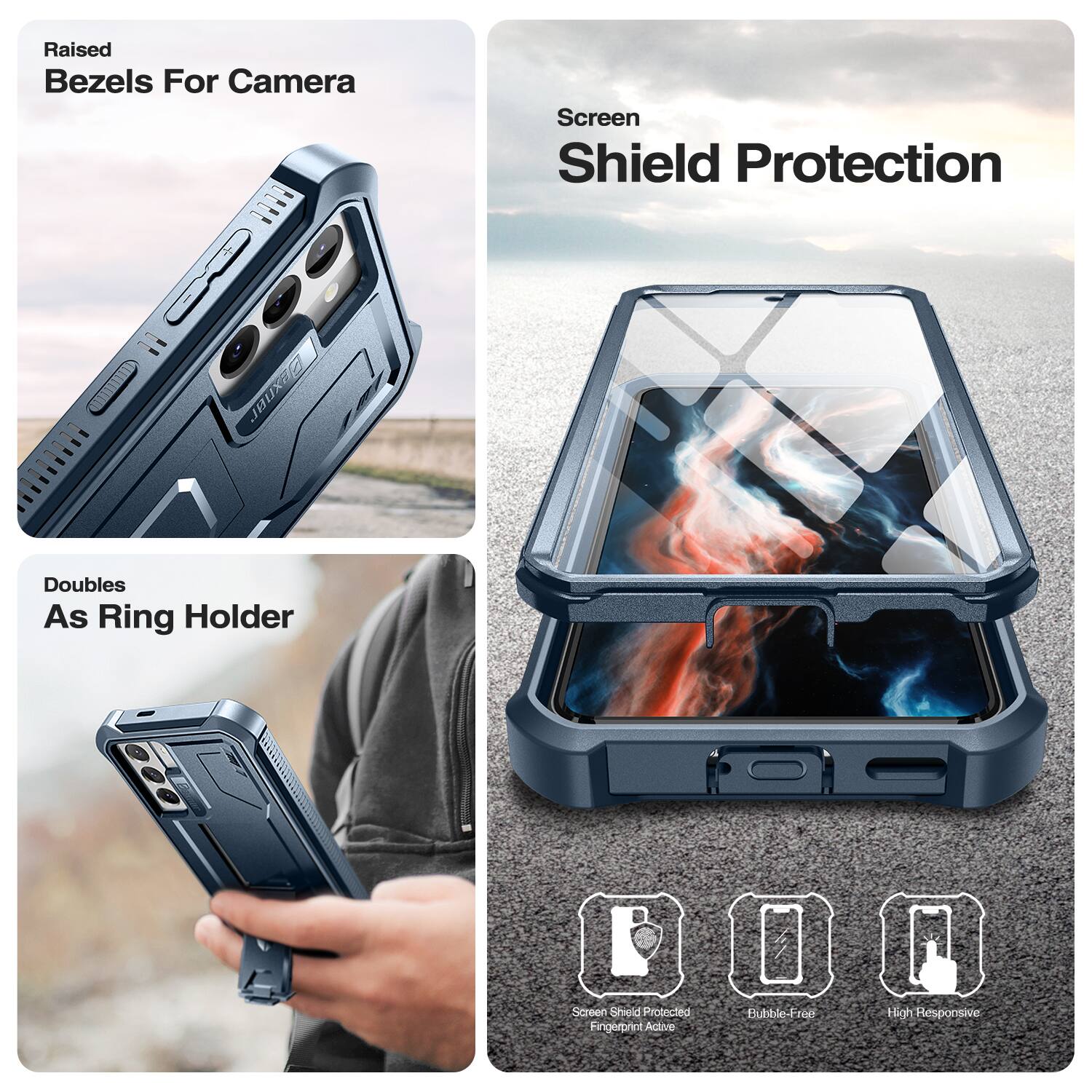 Raised Bezels For Camera  
Screen Shield Protection  
Doubles As Ring Holder  

Screen Shield Protected  
Fingerprint Active  
Bubble-Free  
High Responsive