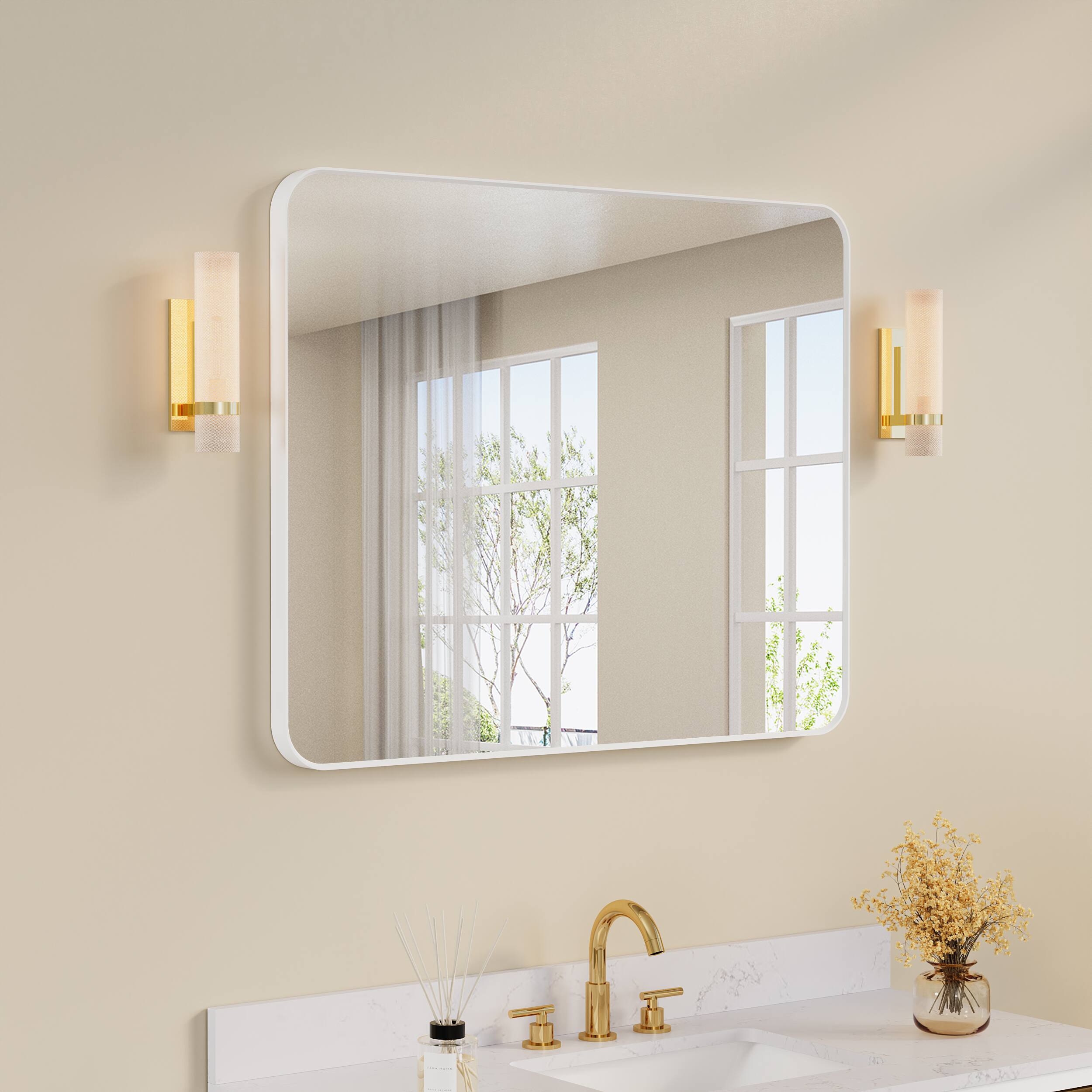 Angle. WELLFOR - 40 in. W. x 32 in. H Rectangular Aluminum Framed Wall-Mounted Bathroom Vanity Mirror - White.
