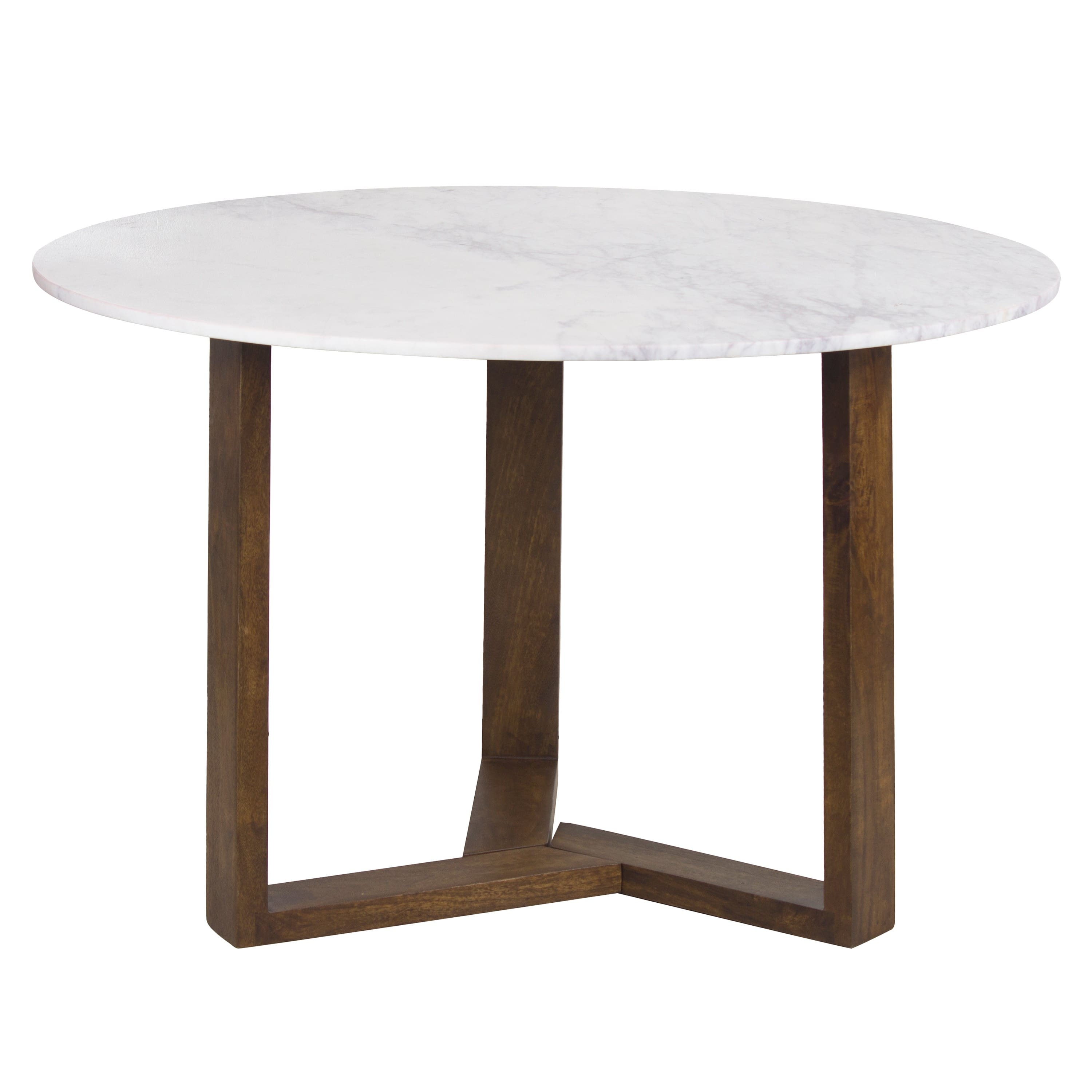Manhattan Lane - Fina 48 Inch Round Dining Table, White Genuine Marble Top, Natural Brown Mango Wood 3 Leg Sled Base - White, Natural Brown