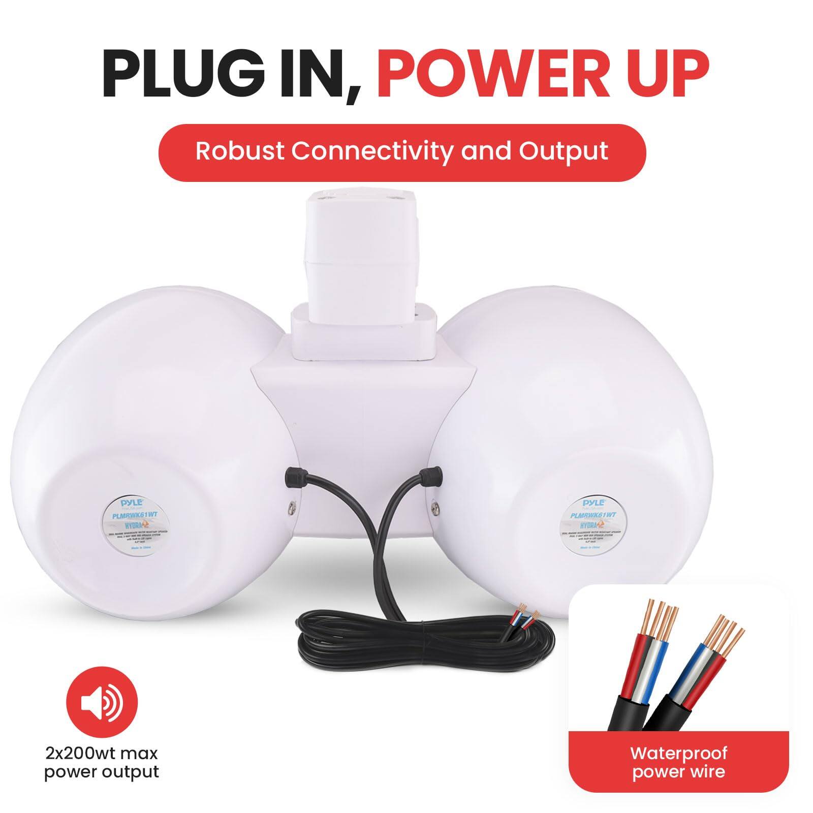PLUG IN, POWER UP
Robust Connectivity and Output
2x200wt max power output
Waterproof power wire