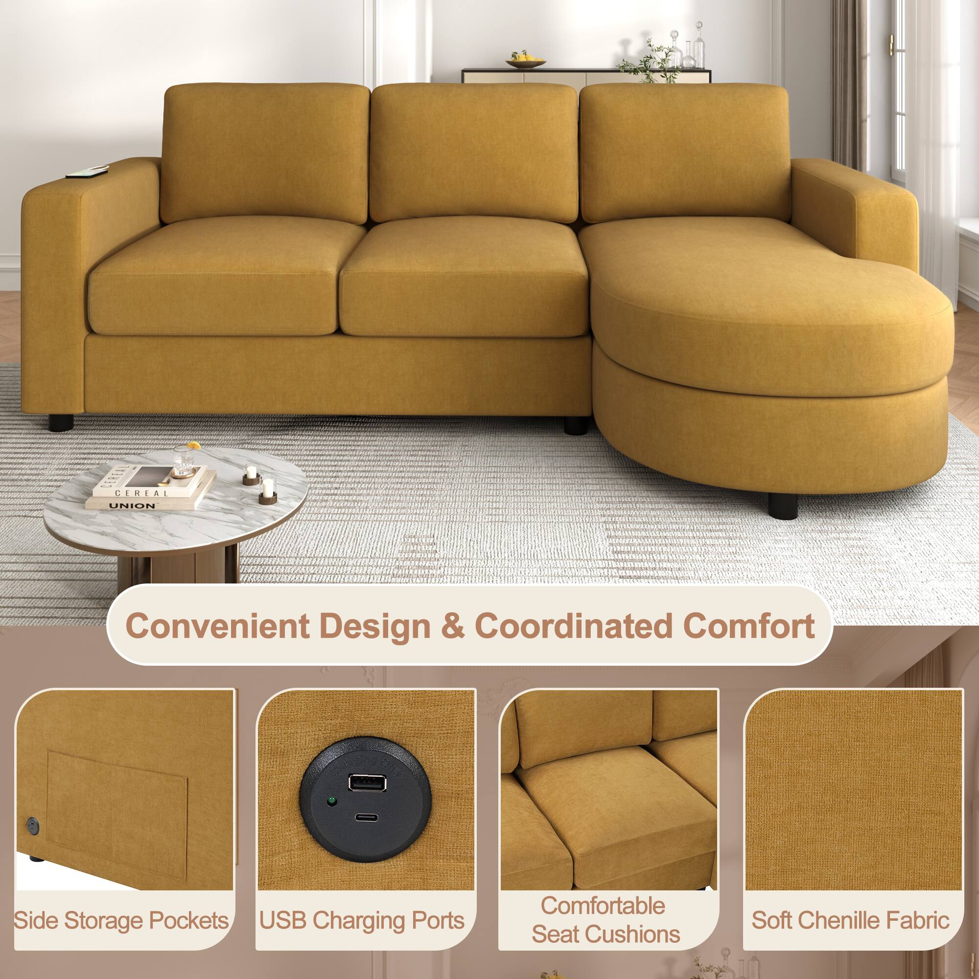 CEREA CEREAL UNION Convenient Design & Coordinated Comfort  
Side Storage Pockets  
USB Charging Ports  
Comfortable Seat Cushions  
Soft Chenille Fabric