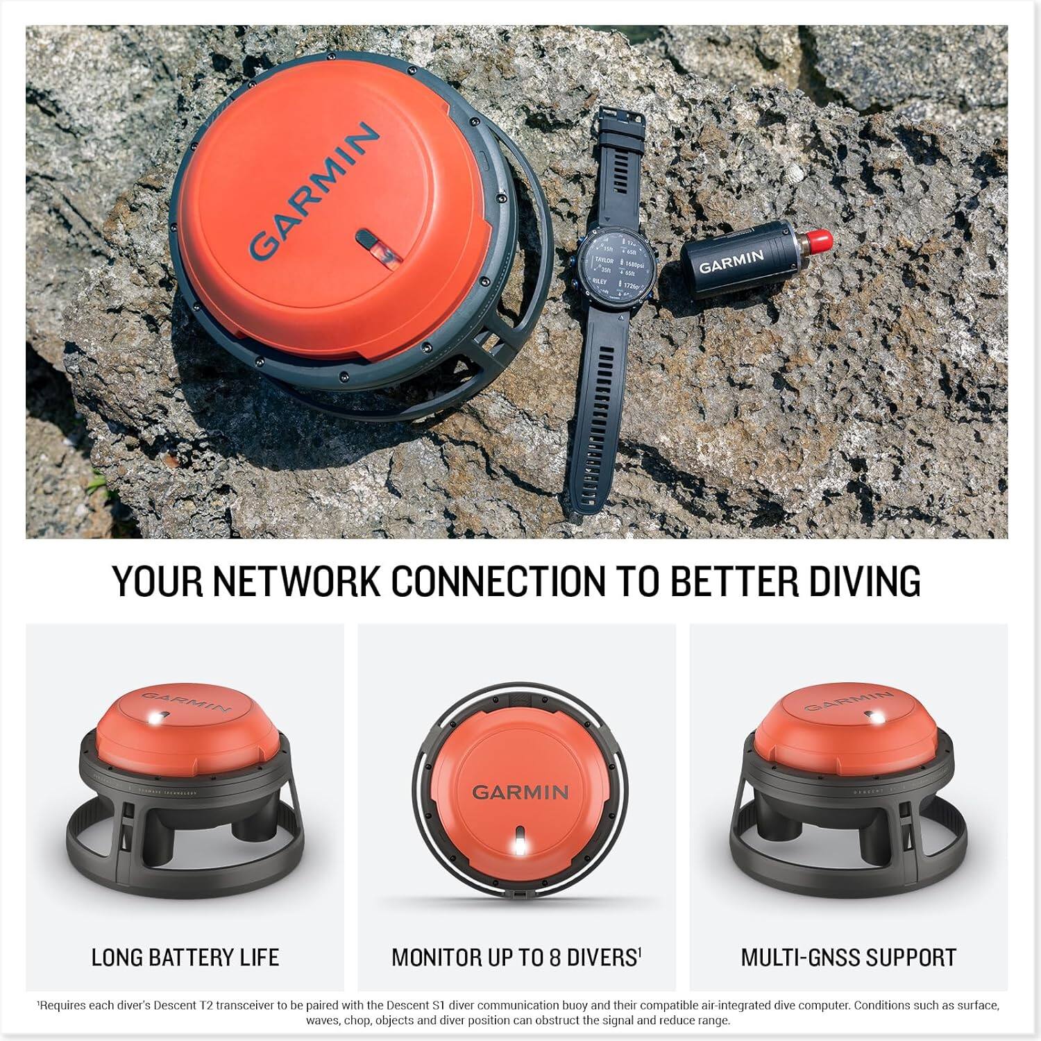GARMIN 1 1E - - - - - VE

YOUR NETWORK CONNECTION TO BETTER DIVING

GARMIN GARMIN GARMIN

LONG BATTERY LIFE

MONITOR UP TO 8 DIVERS*

MULTI-GNSS SUPPORT

*Requires each diver's Descent 12 transceiver to be paired with the Descent 51 diver communication buoy and their compatible air-integrated dive computer. Conditions such as surface, waves, chop, objects and diver position can obstruct the signal and reduce range.