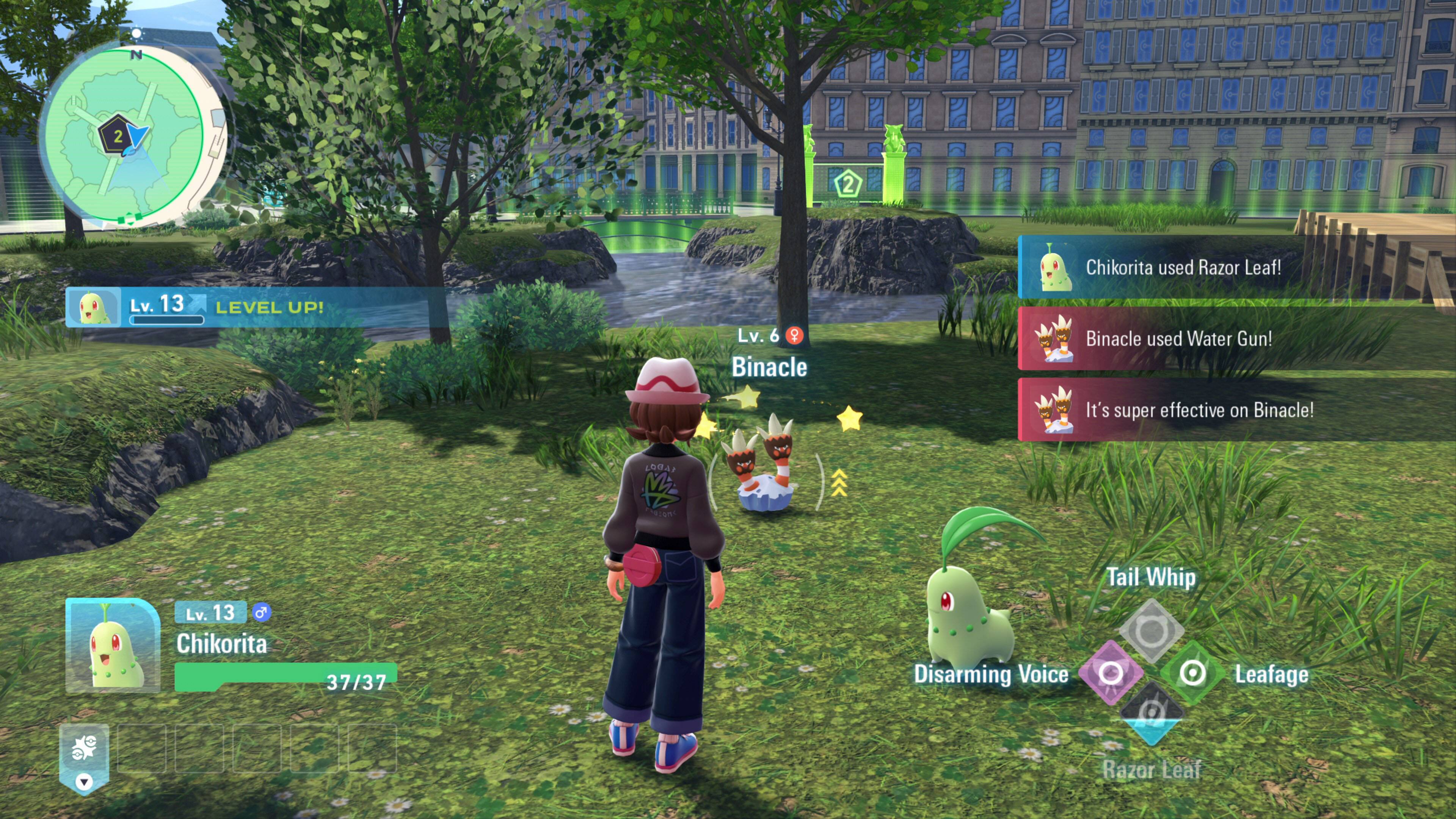 Chikorita used Razor Leaf! Lv. 13 LEVEL UP! Lv. 6 Binacle Binacle used Water Gun! It's super effective on Binacle! LOGA M Non Lv. 13 o Chikorita 37/37 Dt Disarming Voice Tail Whip Leafage Razor Leaf