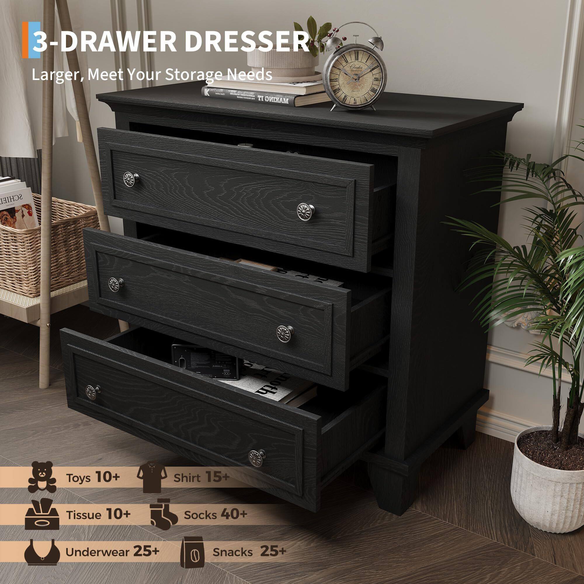 Alt View 3. Acekool - 3 Drawer Dresser for Bedroom, Wide Chest of Drawers with Vintage Handle - Black.