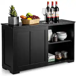 Costway - Kitchen Storage Cabinet Sideboard Buffet Cupboard Wood Sliding Door Pantry - Black