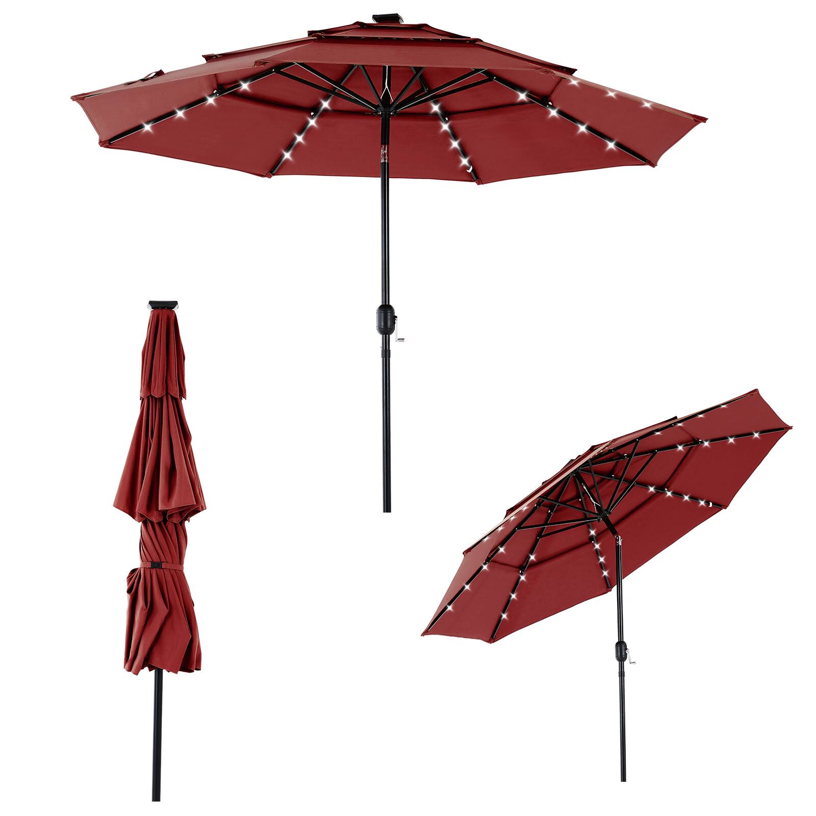 Front. AENKYO - 10FT 3-Tier Solar Patio Umbrella with 32 LED Lights, Outdoor Umbrellas with Push Button Tilt and Crank - Red.