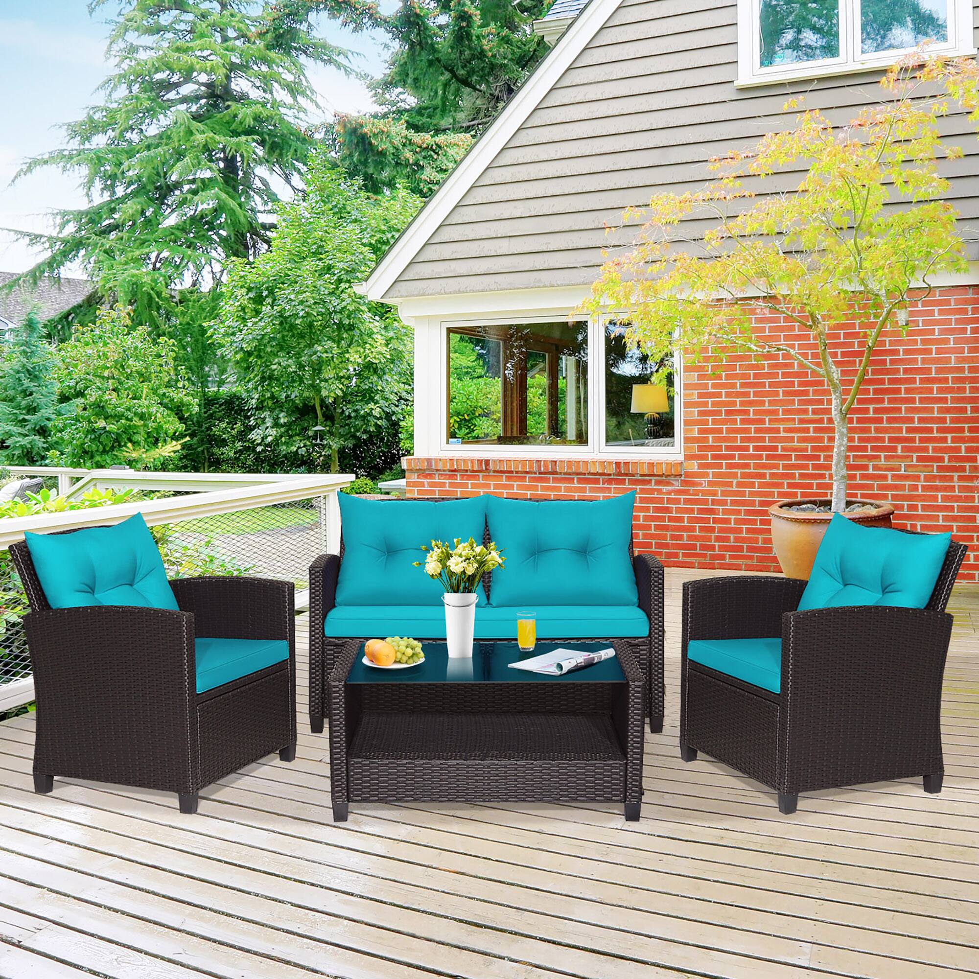 Alt View 7. Gymax - Gymax 4PCS Outdoor Conversation Set Patio PE Rattan Set w/ Glass Table & Sofa Cushions Turquoise - Turquoise.