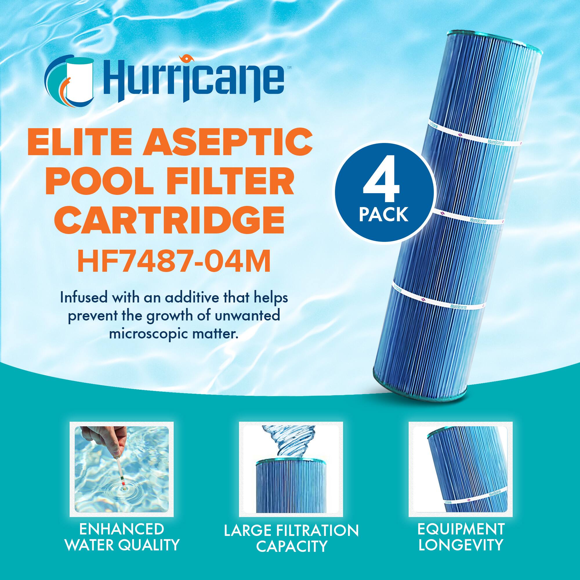 Hurricane  
ELITE ASEPTIC POOL FILTER CARTRIDGE  
HF7487-04M  

4 PACK  

Infused with an additive that helps prevent the growth of unwanted microscopic matter.  

ENHANCED WATER QUALITY  
LARGE FILTRATION CAPACITY  
EQUIPMENT LONGEVITY