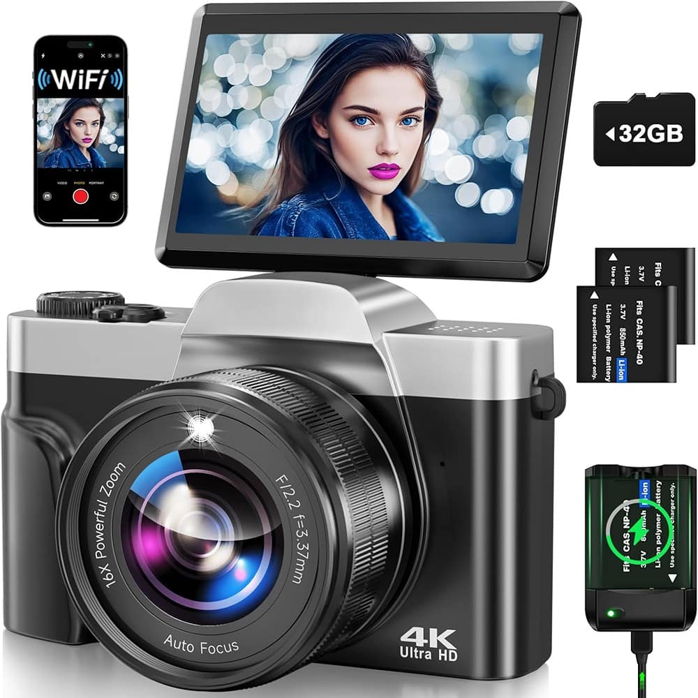 ACJPR - 4K Digital Camera, Auto-Focus, 16X Zoom, 180° Flip Screen, 2 Batteries