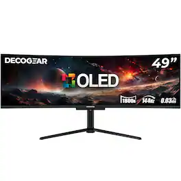 Deco Gear - 49-Inch OLED-QD Ultrawide Monitor, 5120x1440 DQHD, 144Hz, 0.03ms, 100% sRGB, KVM - Black