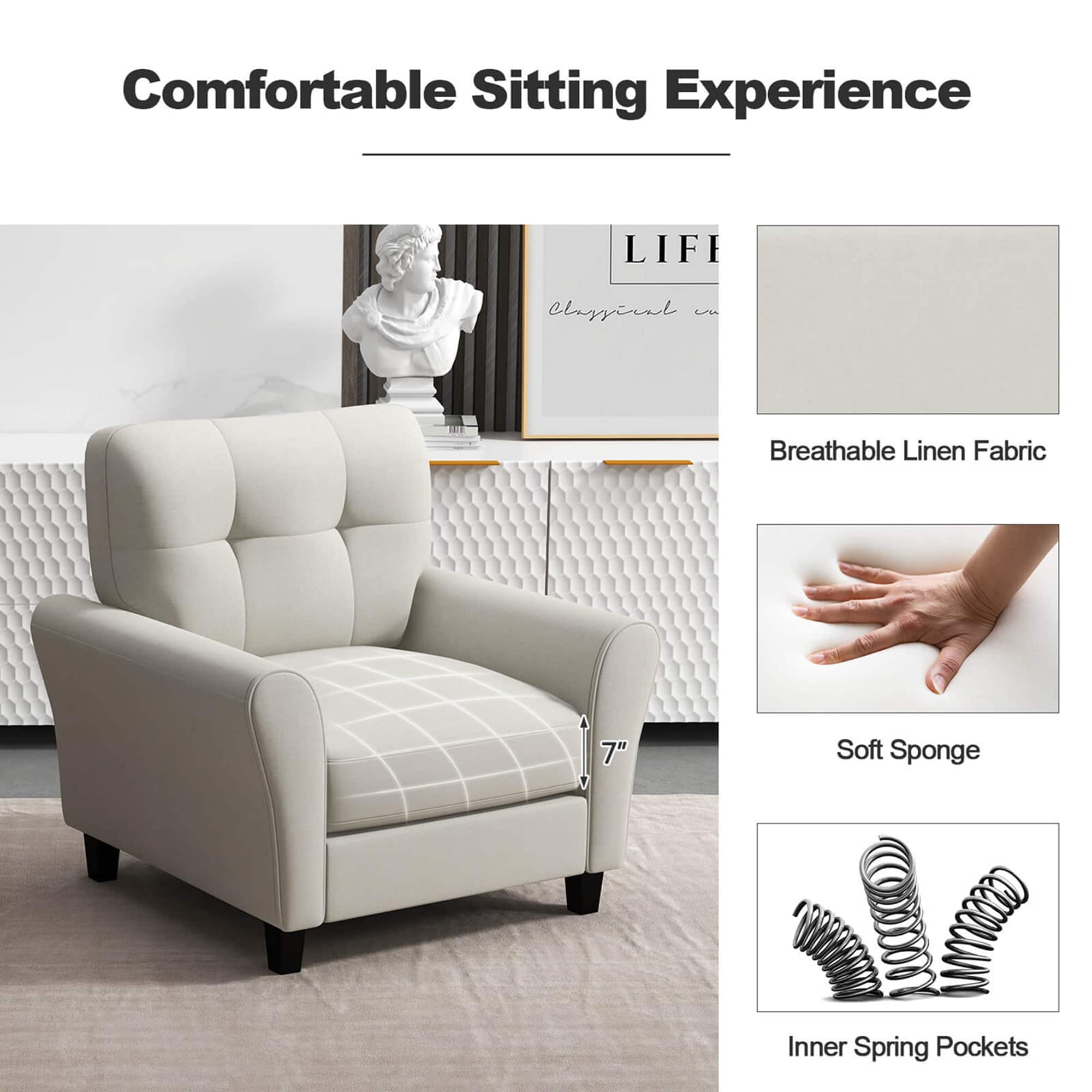 Comfortable Sitting Experience: LIF Chayyial Cre Breathable Linen Fabric 7" Soft Sponge Inner Spring Pockets