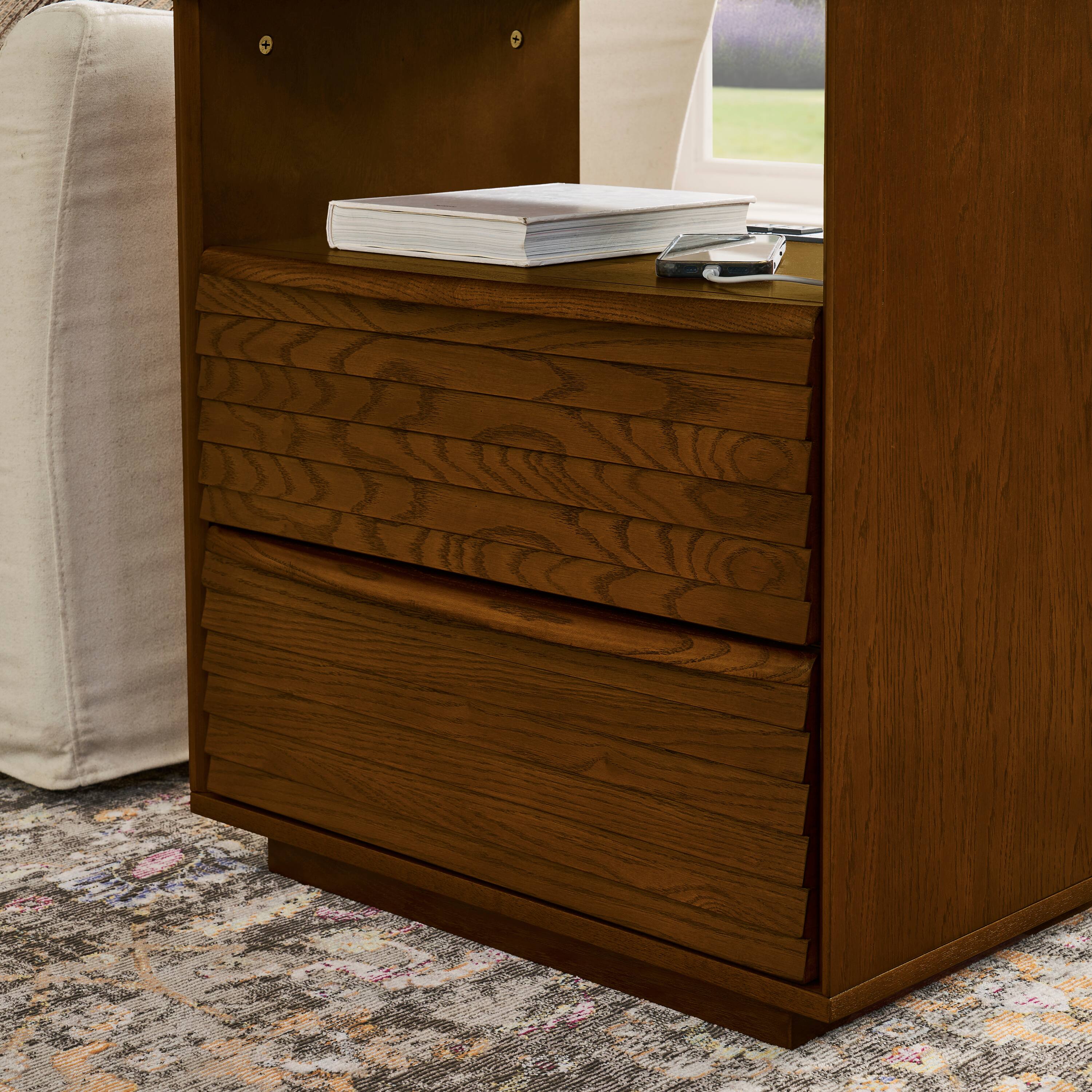 Angle. Lirago - Nightstand with Charging Station 2 Solid Wood Drawers Open Shelf Walnut Brown 25.5"H x 22.75"W x 15.75"D - Walnut.