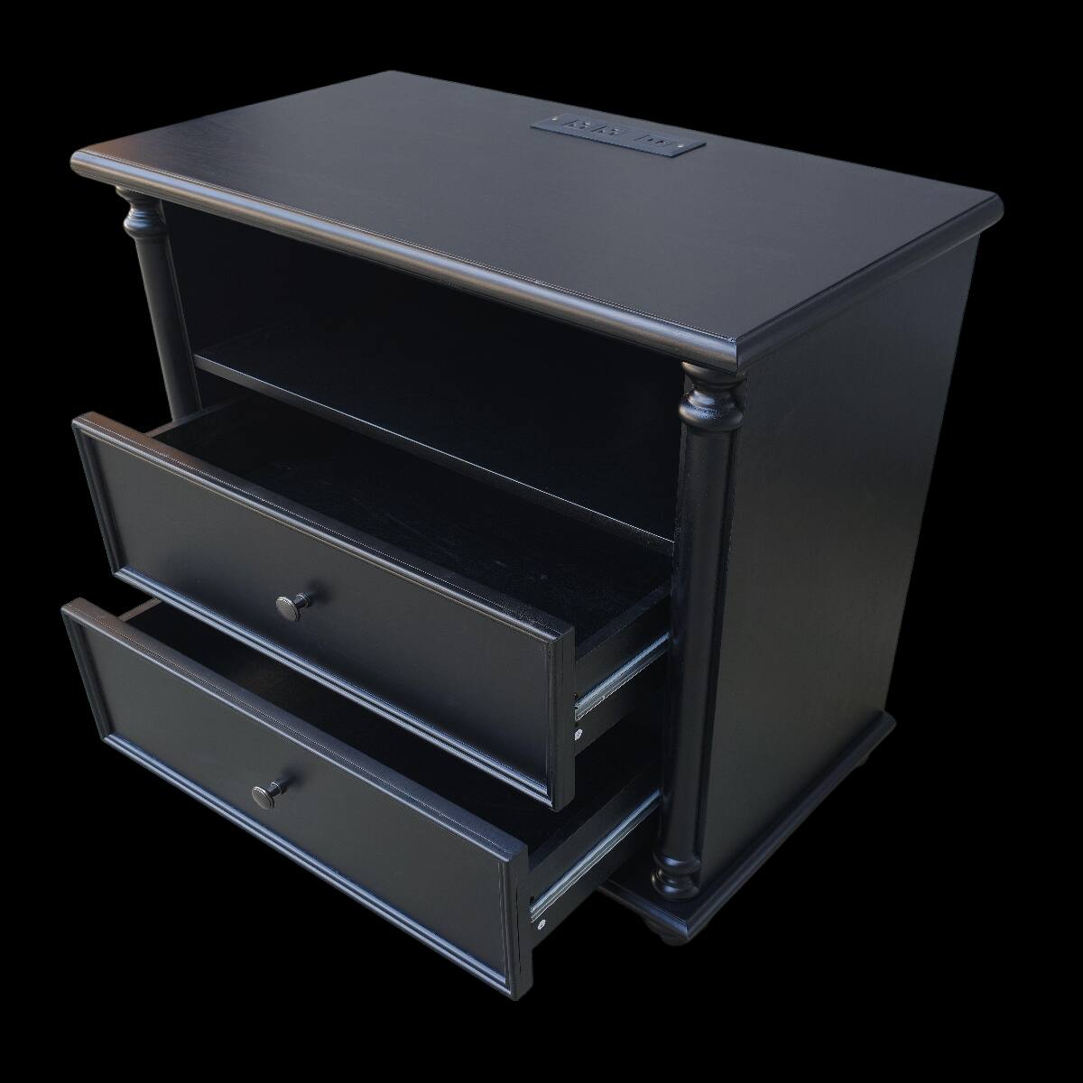 Alt View 4. Loheer - Loheer Black Nightstand with Charging Station, Two Drawers, Solid Wood Legs - Black.