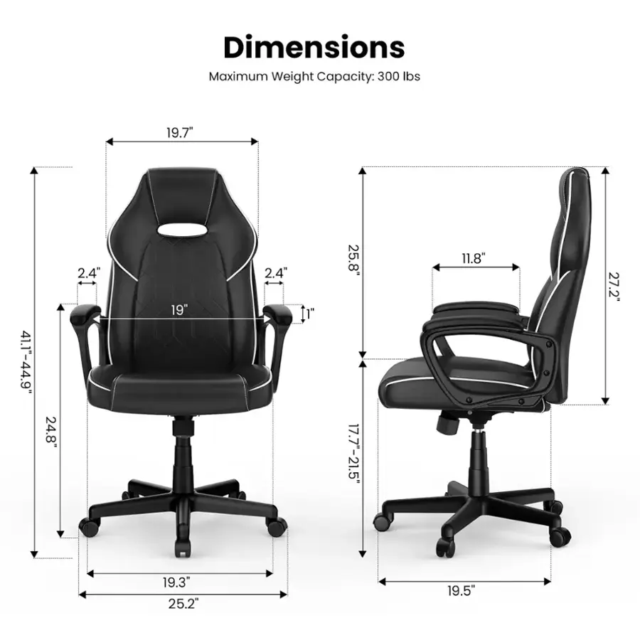 Dimensions:
Maximum Weight Capacity: 300 lbs
19.7"
41.1"-44.9"
24.8"
2.4"
19"
2.4"
I1
25.8"
17.7"-21.5"
11.8"
27.2"
19.3"
25.2"
19.5"