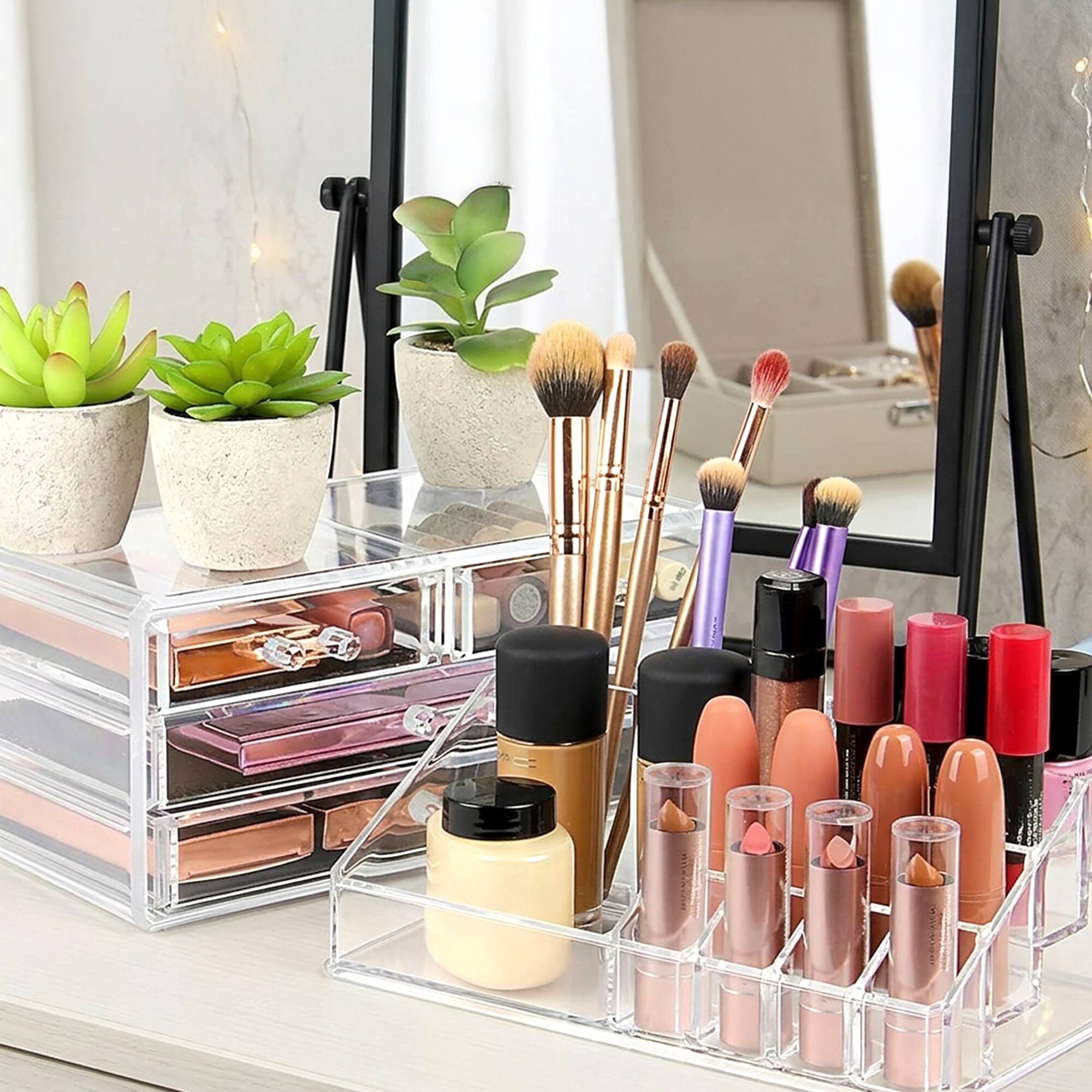 Left. Cheer Collection - Acrylic Makeup Organizer with 16 Compartments, 15 Lipstick Slots and 4 Drawers - Clear.