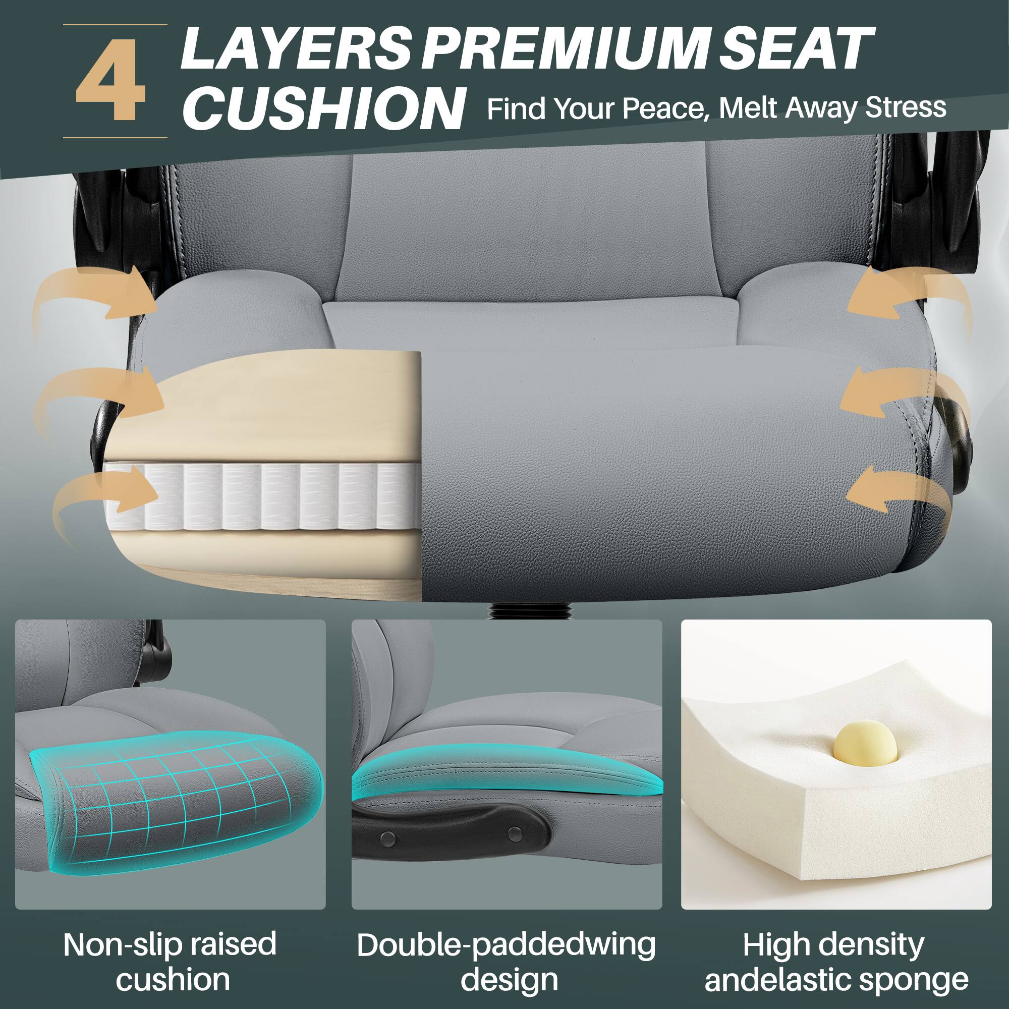 4 LAYERS PREMIUM SEAT CUSHION  
Find Your Peace, Melt Away Stress  

- Non-slip raised cushion  
- Double-paddedwing design  
- High density and elastic sponge