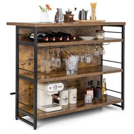Gymax - Industrial Kitchen Island Bar Table 4-Tier Storage Shelf Wine Rack Glass Holders - Rustic Brown