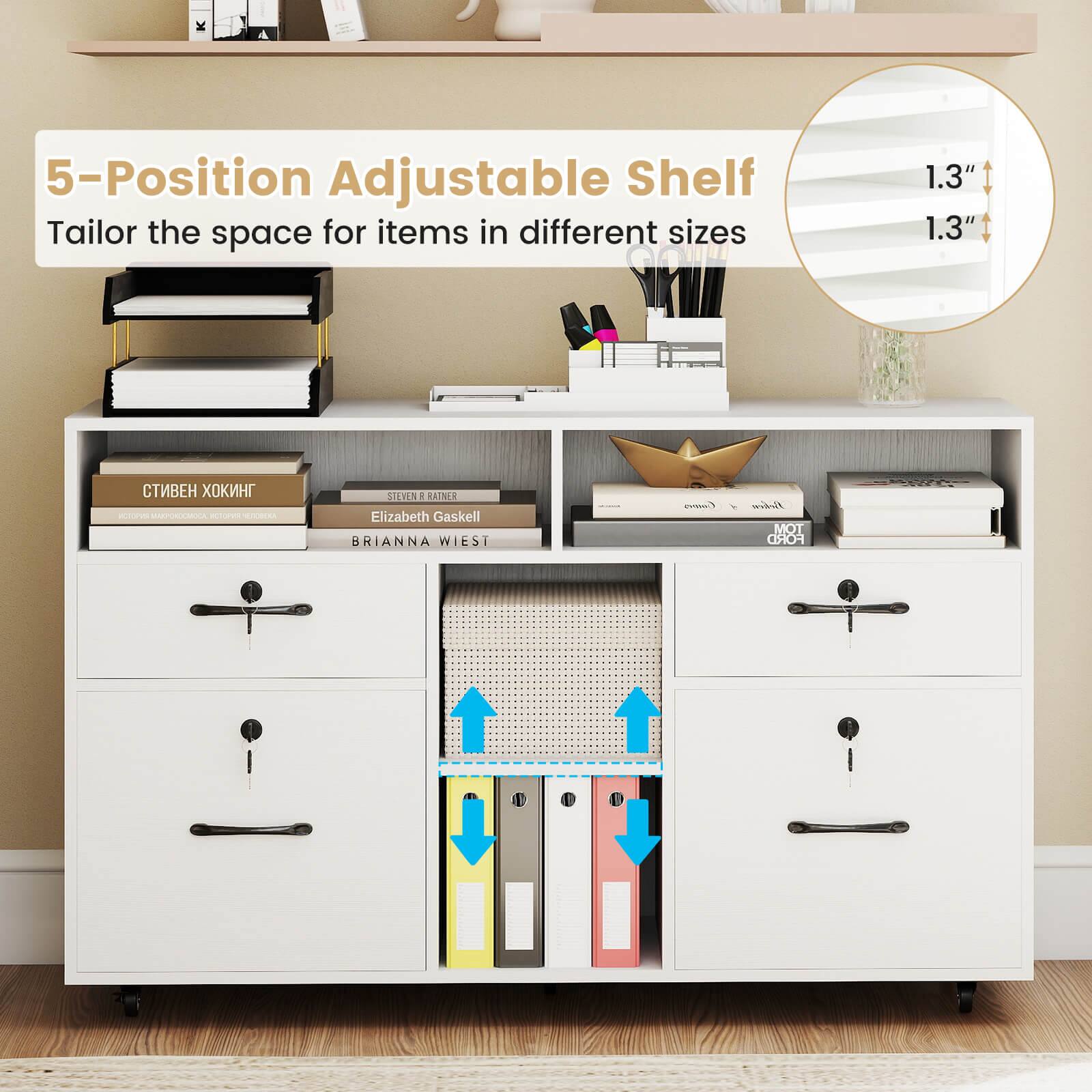 5-Position Adjustable Shelf  
Tailor the space for items in different sizes  

1.3"  
1.3"  

STIVEN XOKINH  
Elizabeth Gaskell  
BRIANNA WIESI  

STEVEN R. RAINER  
Elizabeth Gaskell  
BRIANNA WIESI  

Cama Firden  
MOT FORD
