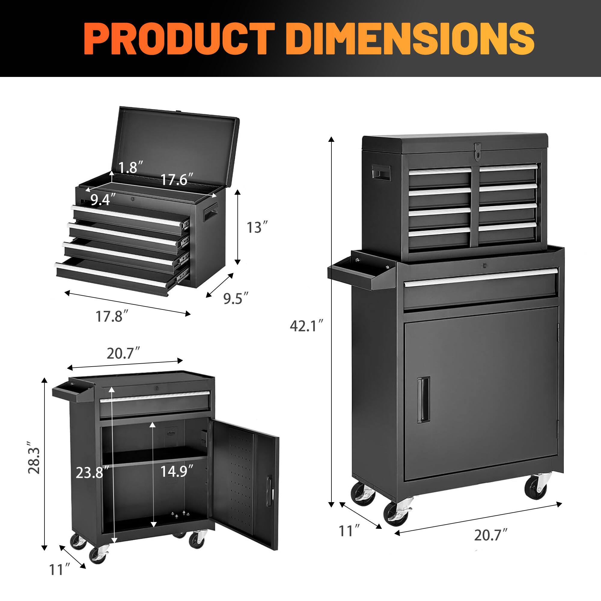 PRODUCT DIMENSIONS

- 1.8" x 9.4" x 17.6" x 13"
- 17.8" x 9.5" x 42.1" x 20.7"
- 28.3" x 23.8" x 14.9" x 11"
- 11" x 20.7" x 20.7"