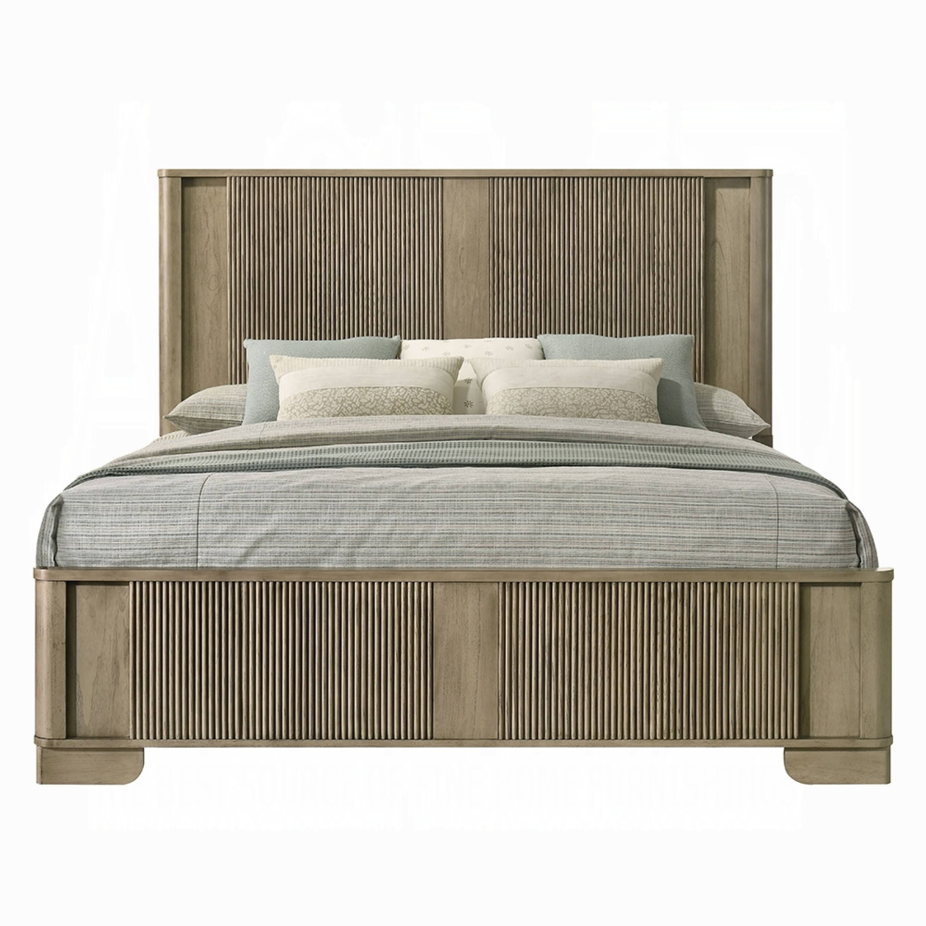 Alt View 1. Manhattan Lane - Leky Queen Bed, LED Headboard, Fluted Patterns, Antique Oak Brown Wood - Oak Brown.