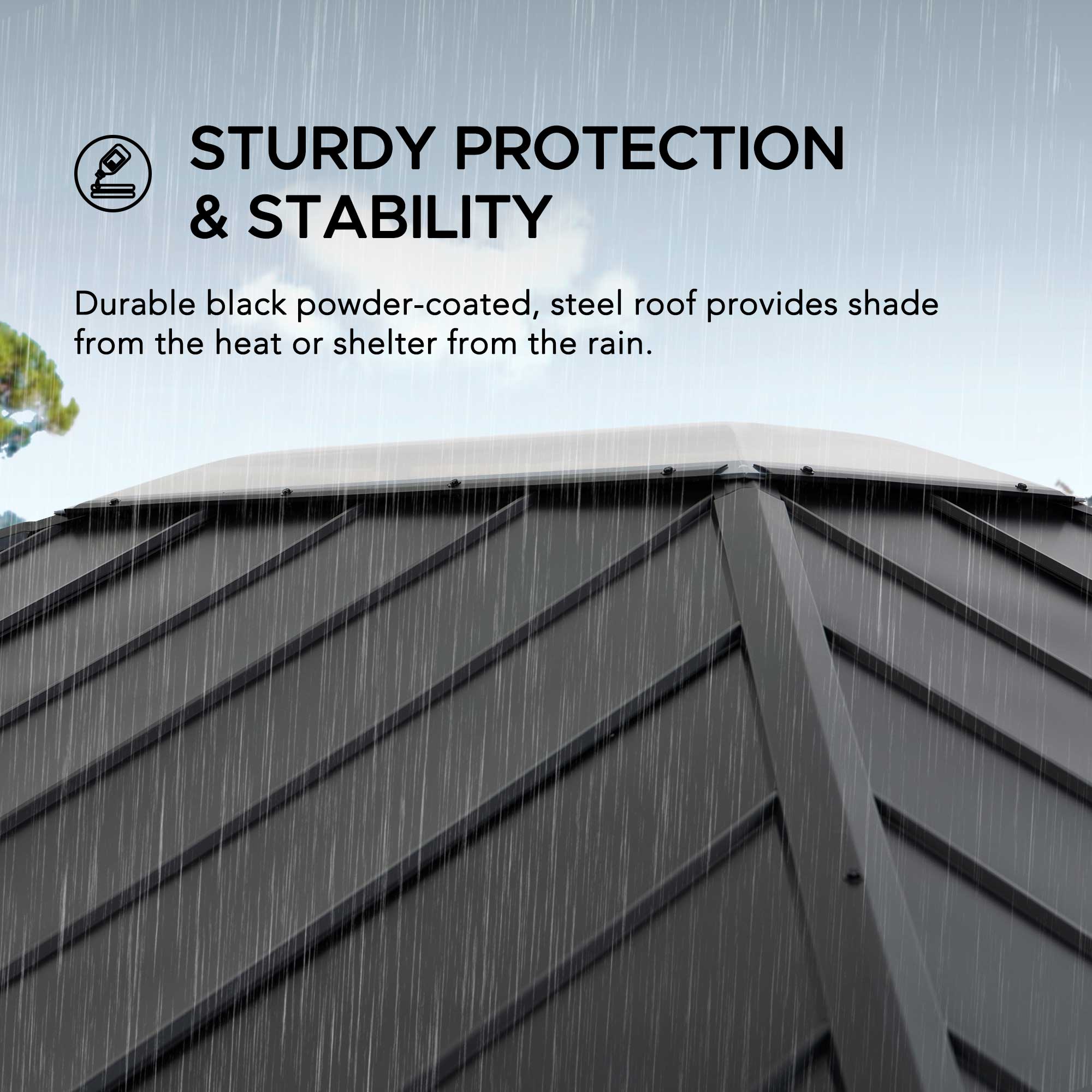 STURDY PROTECTION & STABILITY

Durable black powder-coated, steel roof provides shade from the heat or shelter from the rain.