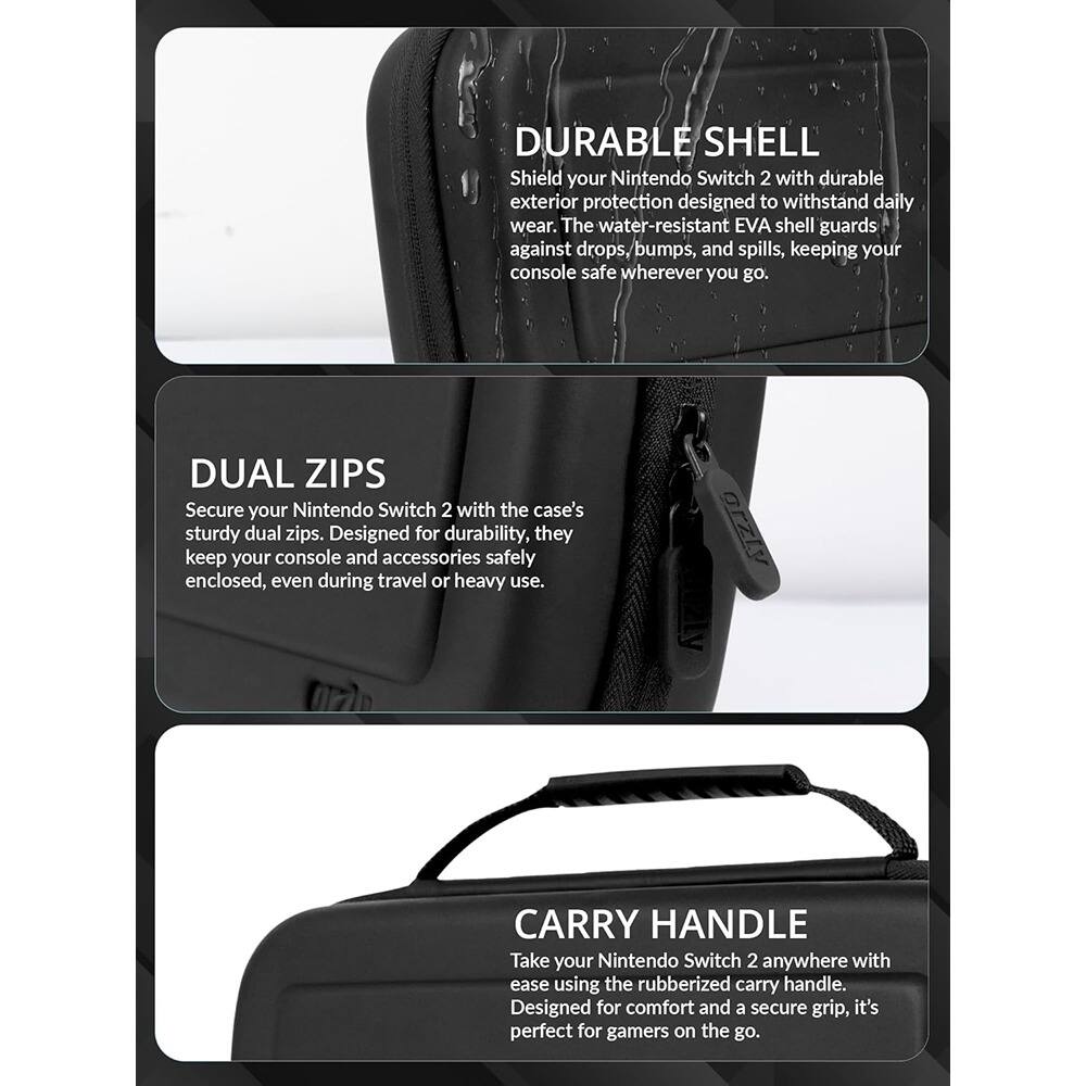 **DURABLE SHELL**  
Shield your Nintendo Switch 2 with durable exterior protection designed to withstand daily wear. The water-resistant EVA shell guards against drops, bumps, and spills, keeping your console safe wherever you go.

**DUAL ZIPS**  
Secure your Nintendo Switch 2 with the case's sturdy dual zips. Designed for durability, they keep your console and accessories safely enclosed, even during travel or heavy use.

**CARRY HANDLE**  
Take your Nintendo Switch 2 anywhere with ease using the rubberized carry handle. Designed for comfort and a secure grip, it's perfect for gamers on the go.