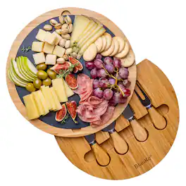 BlauKe - Round Bamboo Cheese Board with Knife Set and Removable Slate - 12 inch Swiveling Charcuterie Board - Beige