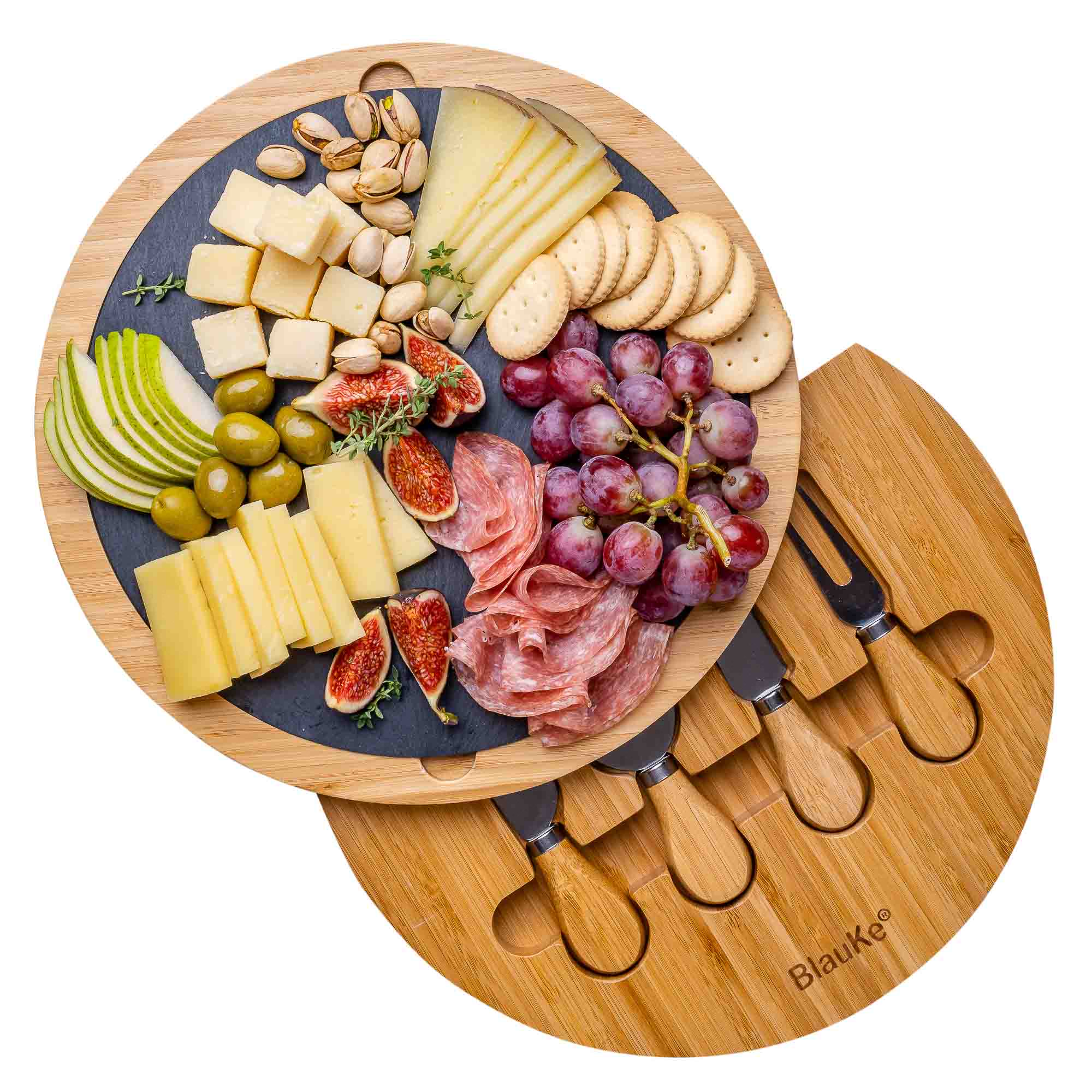 Front. BlauKe - Round Bamboo Cheese Board with Knife Set and Removable Slate - 12 inch Swiveling Charcuterie Board - Beige.