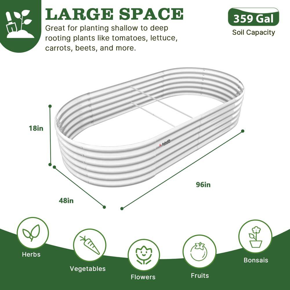 LARGE SPACE  
Great for planting shallow to deep rooting plants like tomatoes, lettuce, carrots, beets, and more.  

359 Gal Soil Capacity  

18in x 96in x 48in  

Herbs  
Vegetables  
Flowers  
Fruits  
Bonsais