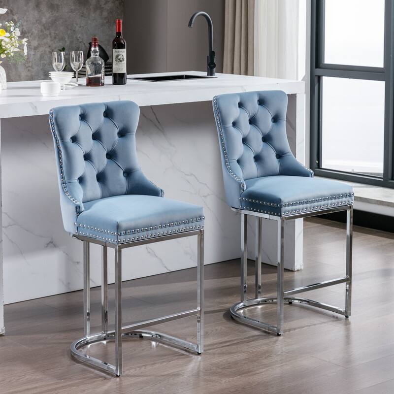 Alt View 2. HTUTWOO - 25" Counter Height Bar Stools Set of 2, Velvet Upholstered with Button Back & Rivet Trim, for Kitchen Island & Home Bar - Light Blue.