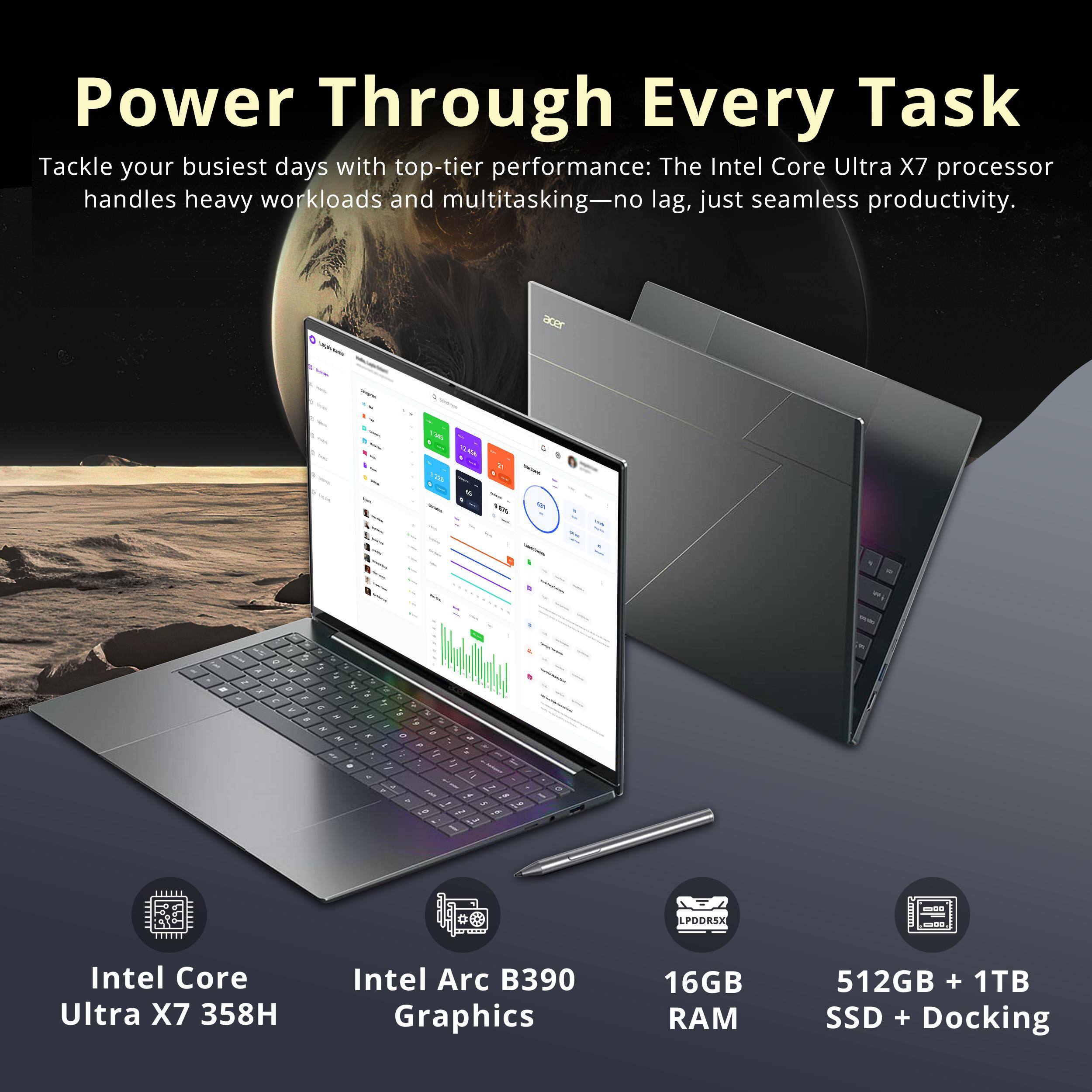 Power Through Every Task

Tackle your busiest days with top-tier performance: The Intel Core Ultra X7 processor handles heavy workloads and multitasking—no lag, just seamless productivity.

- Intel Core Ultra X7 358H
- Intel Arc B390 Graphics
- 16GB RAM
- 512GB + 1TB SSD + Docking