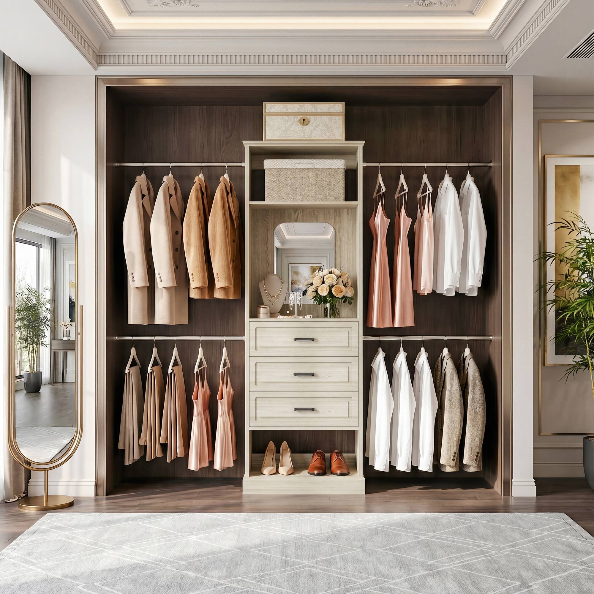 Alt View 1. Aheaplus - 26'' - 110'' W Adjustable Closet Organizer System with 3 Drawers, 4 Retractable Hanging Rods and Mirror - Beige Oak.