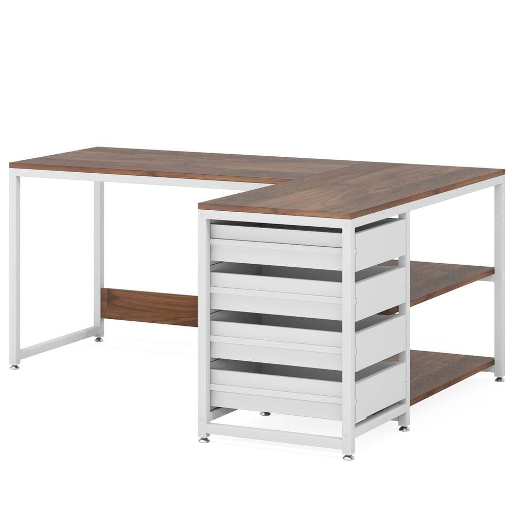 Back. Kadyn - Kadyn Study Writing Desk, Computer Desk,59" L-Shaped Desk, Reversible Corner Desk with Drawers & Shelves,Walnut - Walnut.