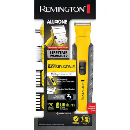 REMINGTON ALL IN ONE
Ear & Nose Comb
10-Length
ENGINEERED TOUGH TO LAST
LIFETIME WARRANTY
VIRTUALLY INDESTRUCTIBLE
Multigroomer 4500
Heavy Duty Beard Combs
Polycarbonate Shell
Stainless Steel Blades
Washable Attachments
Stubble Comb
90 MINUTE RUNTIME
Lithium Rechargeable
5 Minute Quick Charge
Rugged Industrial Grips
LIFE-DURABILITY GUARANTEED
TIME LIMITED WARRANTY
Blades not included in lifetime warranty. See manual for details.