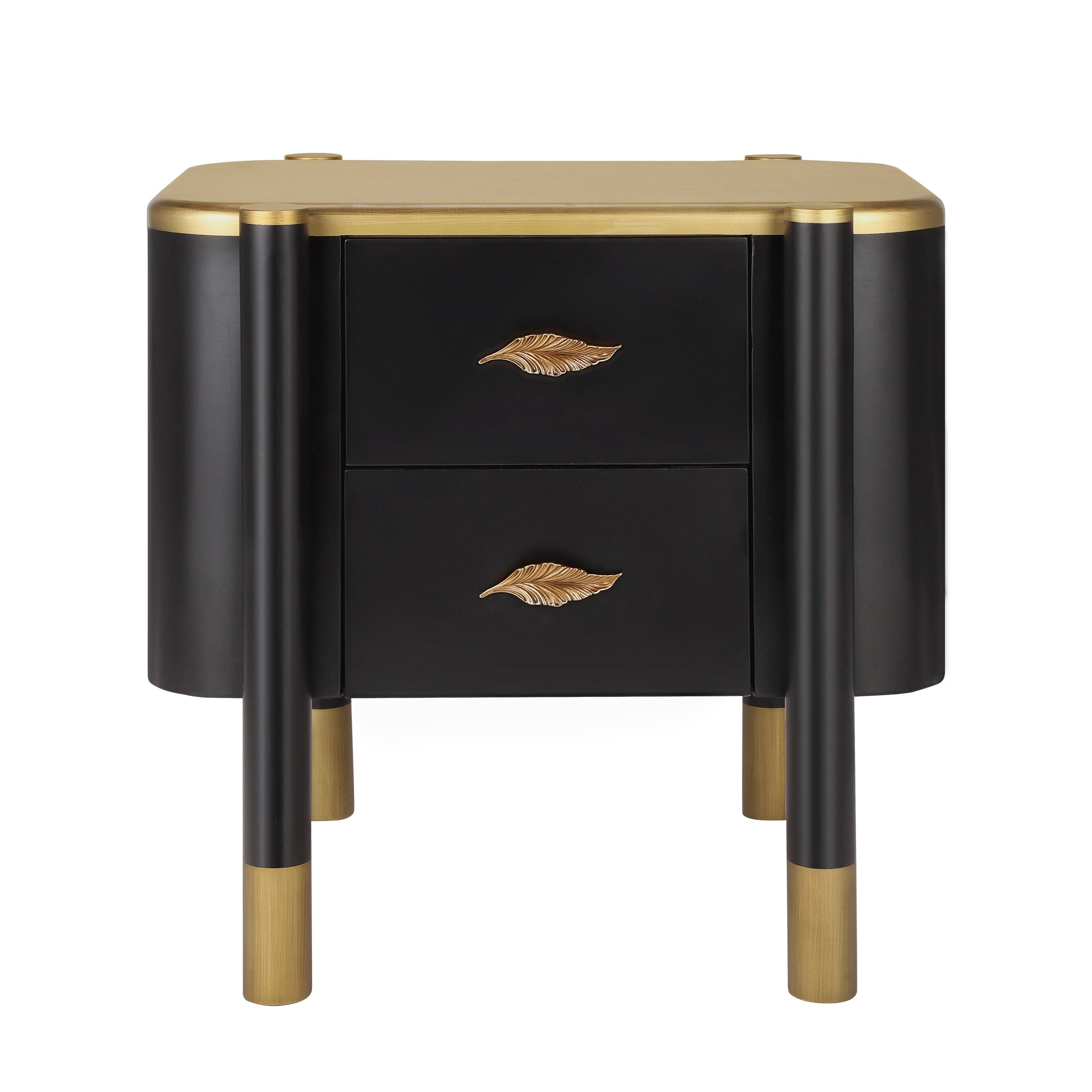 Angle. Whisen - 2-Drawer Nightstand with Curved Profile,Bedside Table with Feather-Shaped Handles and High Legs - Black.