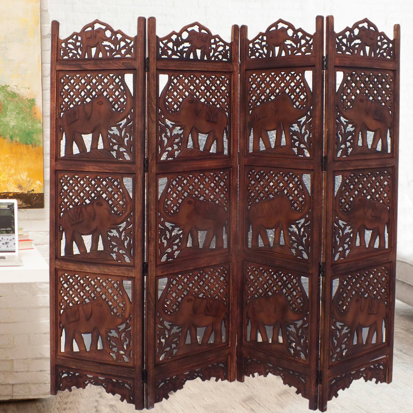 Alt View 6. Manhattan Lane - Zofi Hand Carved Elephant Design Foldable 4 Panel Wooden Room Divider - Brown.