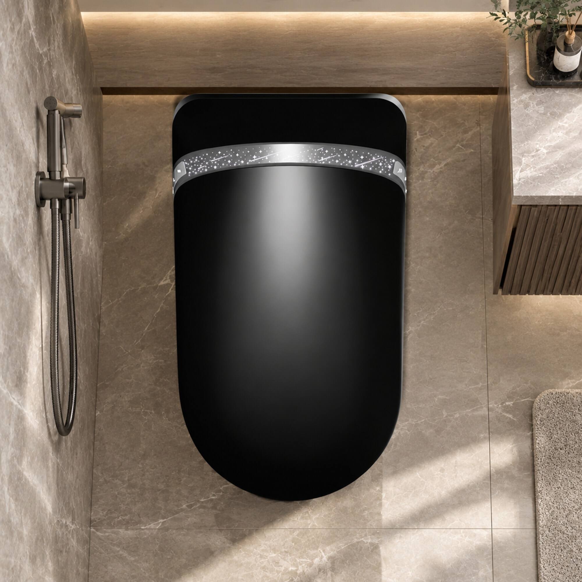 Angle. RYHNUYNE - Starry Night Light Smart Bidet Toilet, Auto Open Close Seat Foot Sensor LED Display Warm Water Dryer Matte Black - Matte Black.