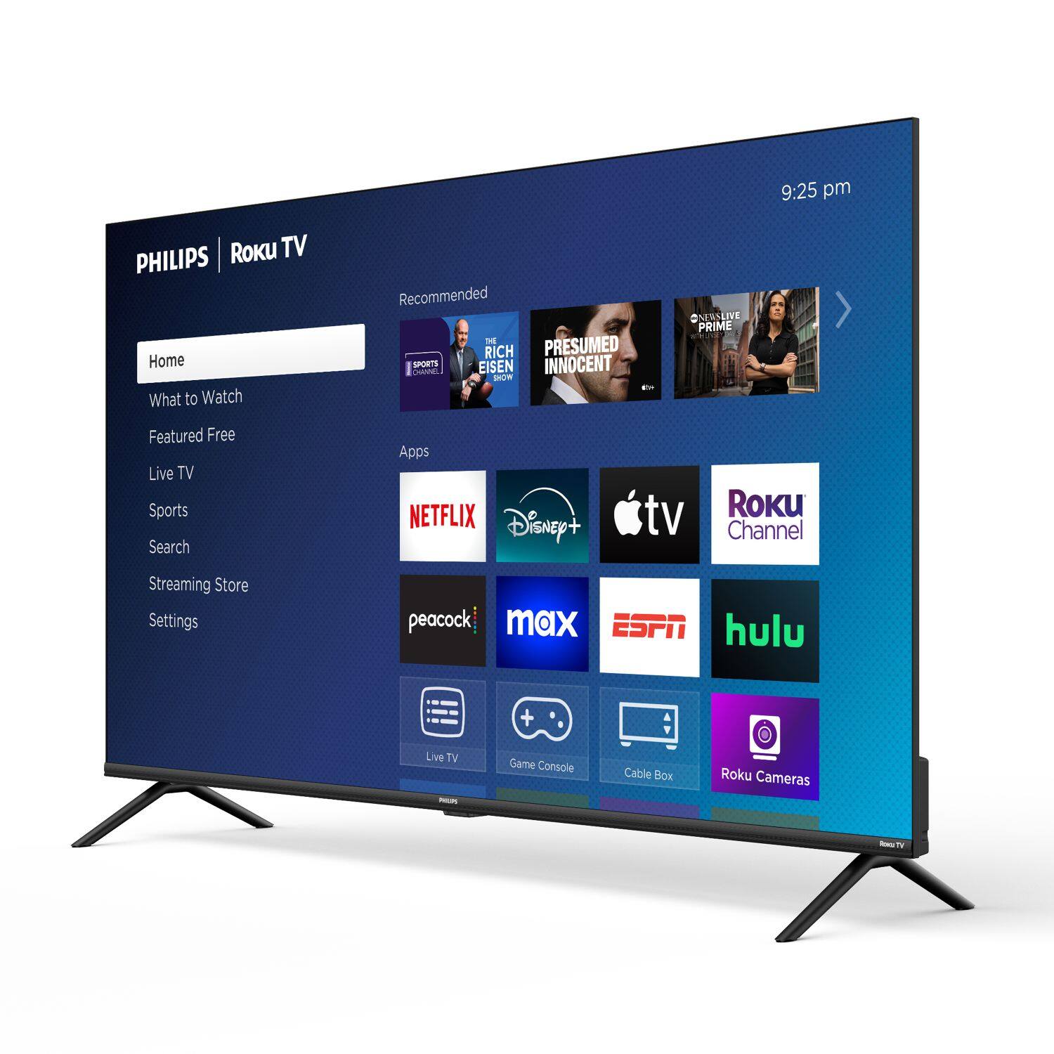9:25 pm  
PHILIPS | Roku TV  

Home  
What to Watch  
Featured Free  
Live TV  
Sports  
Search  
Streaming Store  
Settings  

Recommended  
- RICH PRESUMED INNOCENT  
- THE RICH PRESUMED INNOCENT  
- THE RICH PRESUMED INNOCENT  
- THE RICH PRESUMED INNOCENT  

Apps  
- NETFLIX  
- Disney+  
- Apple TV  
- Roku Channel  
- peacock  
- max  
- ESPN  
- hulu  
- Live TV  
- Game Console  
- Cable Box  
- Roku Cameras