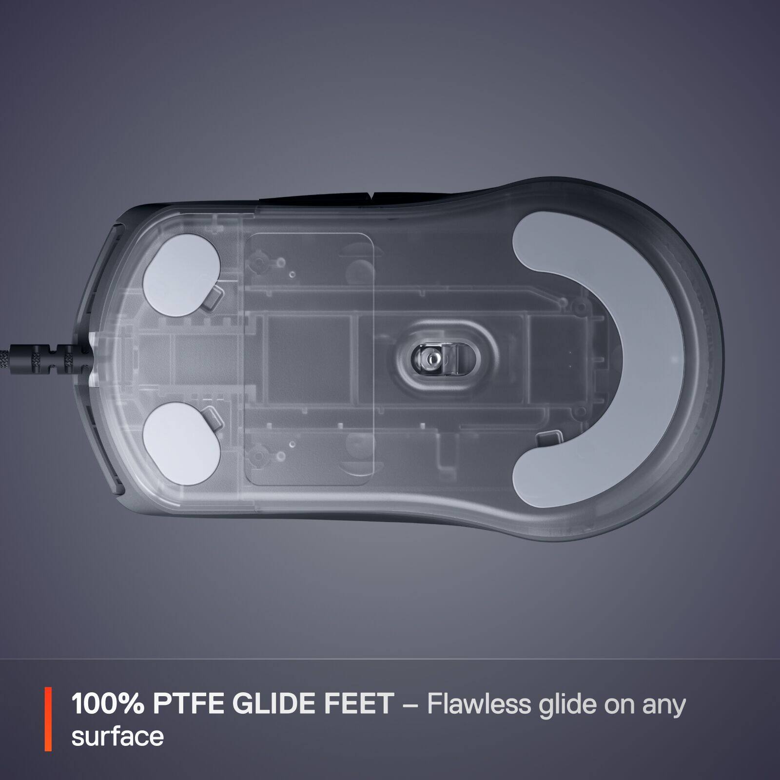 The text on the image reads: "100% PTFE GLIDE FEET - Flawless glide on any surface."