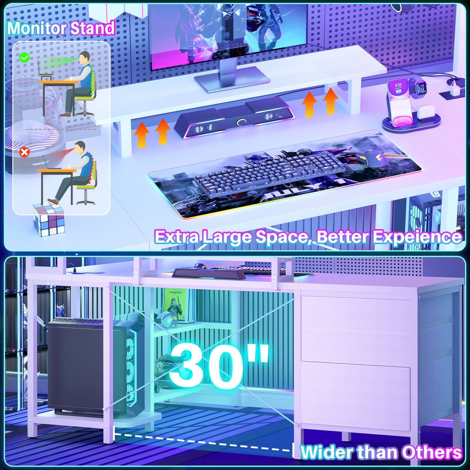Monitor Stand

Extra Large Space, Better Experience

30" Wider than Others