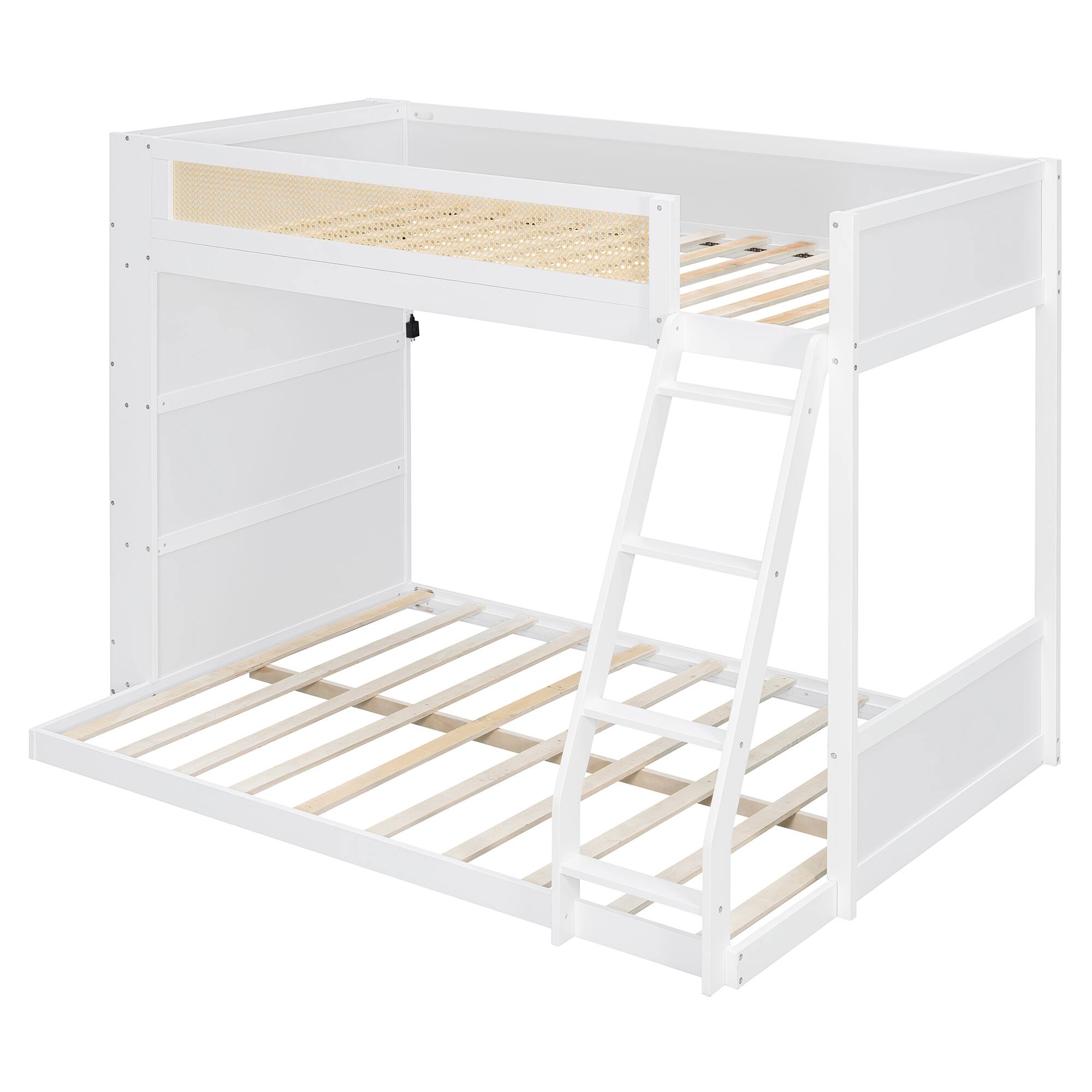 Angle. Whisen - Twin over Full Bunk Bed with Integrated Bookshelf,LED Lighting and Rattan-Style Guardrails - White.
