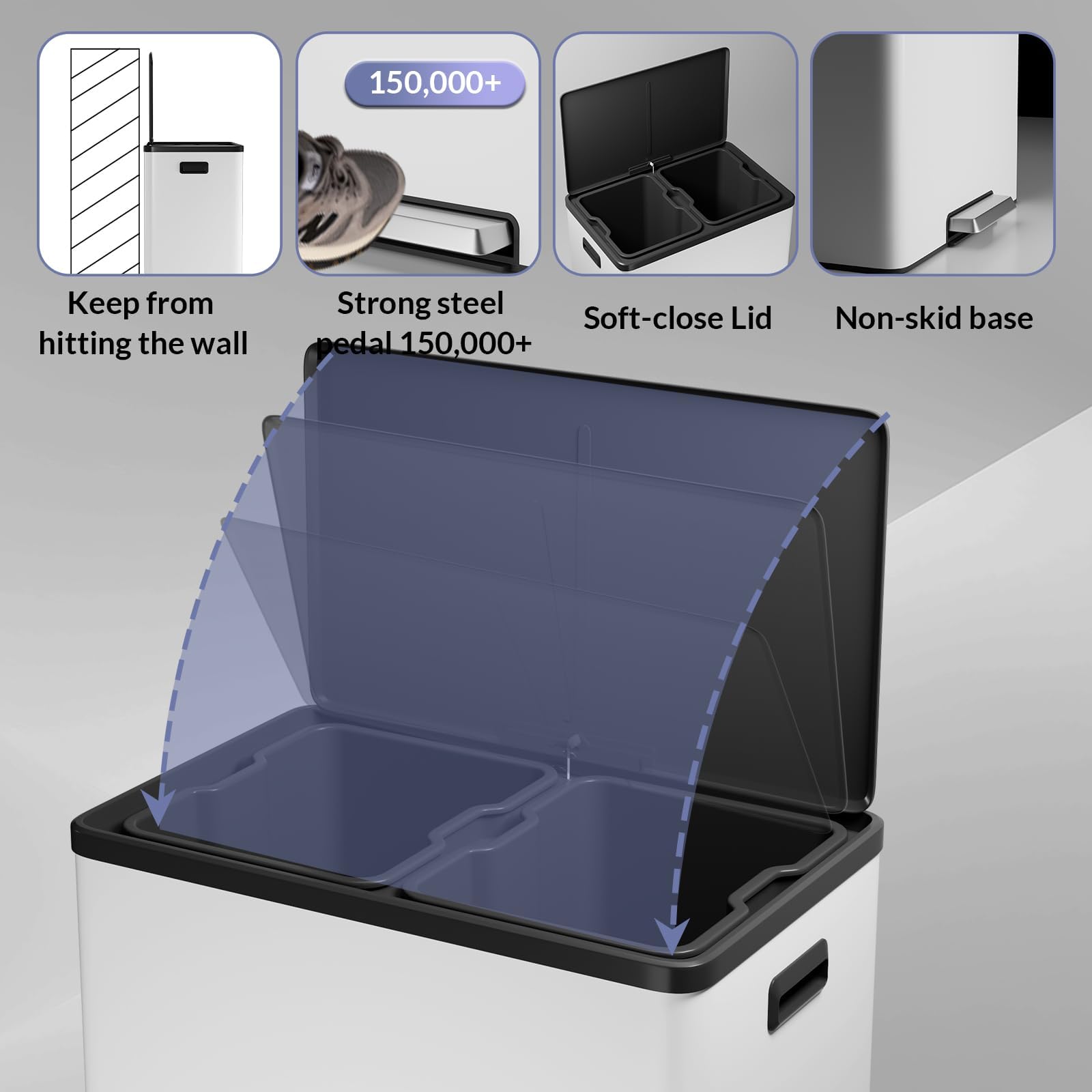 - Keep from hitting the wall
- Strong steel pedal 150,000+
- Soft-close Lid
- Non-skid base